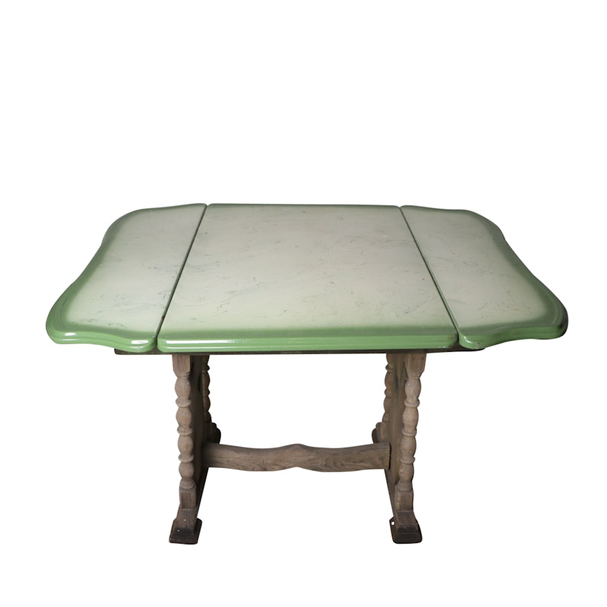 Vintage Wood Trestle Table with Enameled Tin Top