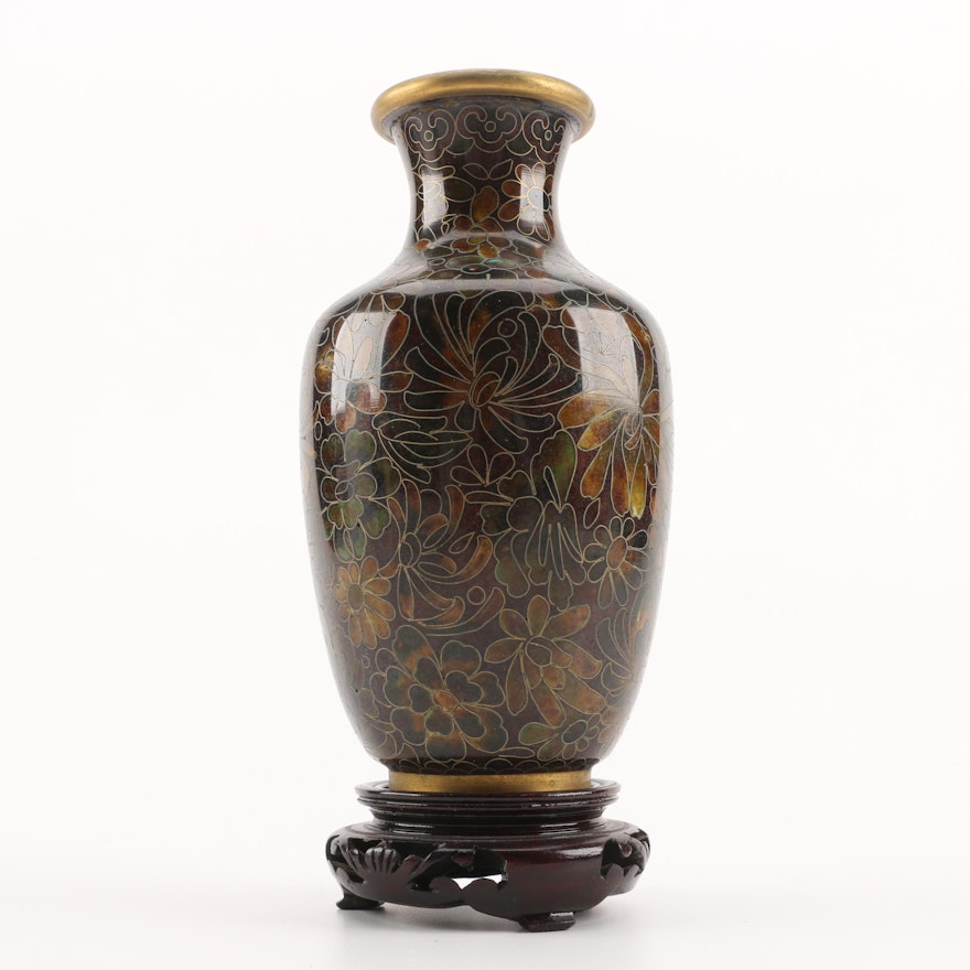 Japanese Cloisonné Floral Vase with Wooden Stand