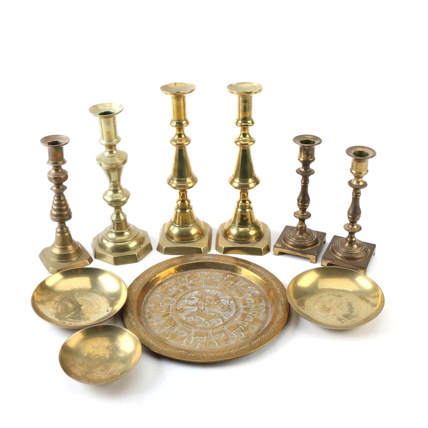 Brass Candle Holders and Plates including English Push-Up Candlesticks