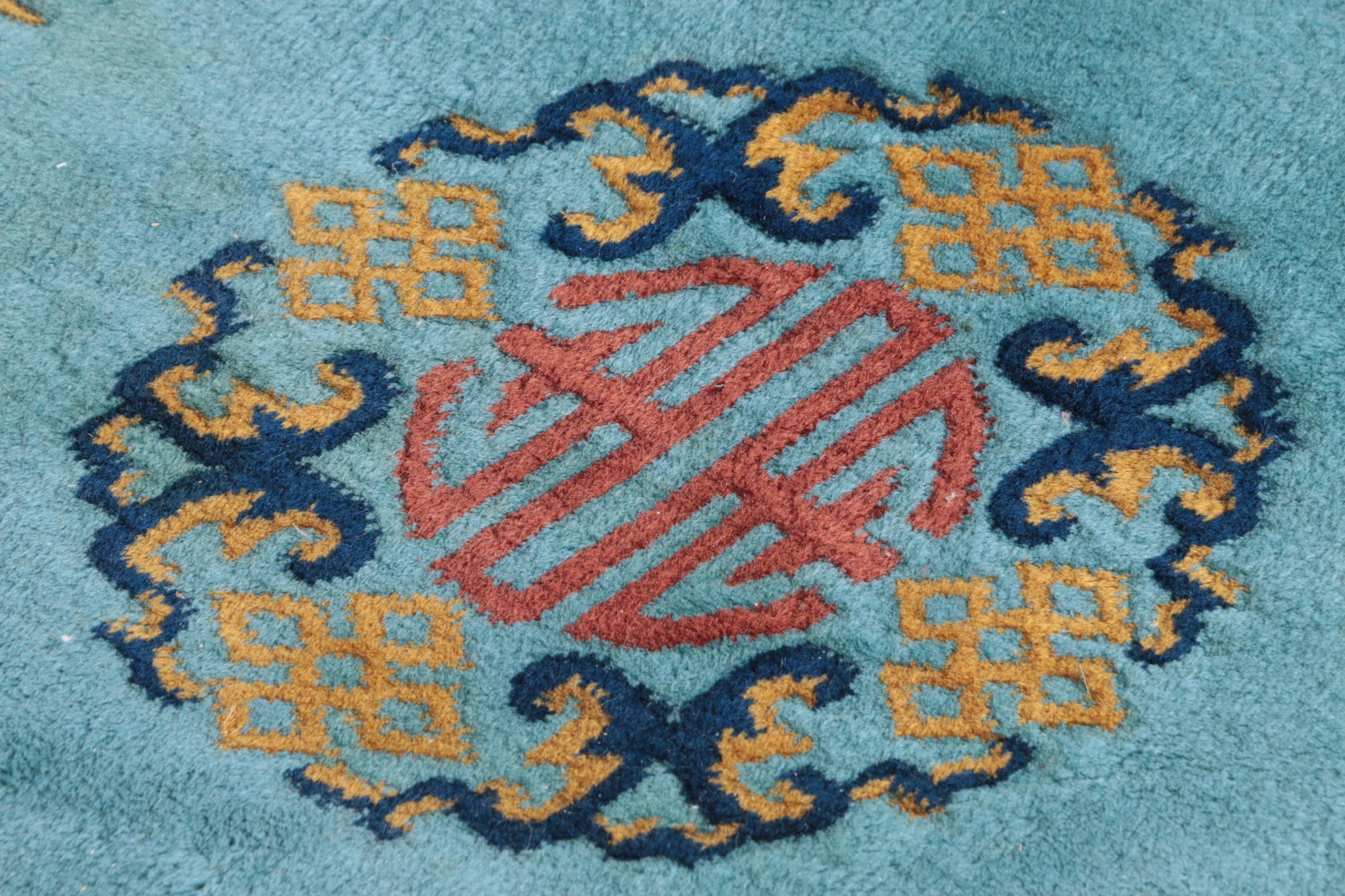 Hand-Knotted Chinese Carved Wool Area Rug with Longevity Symbols