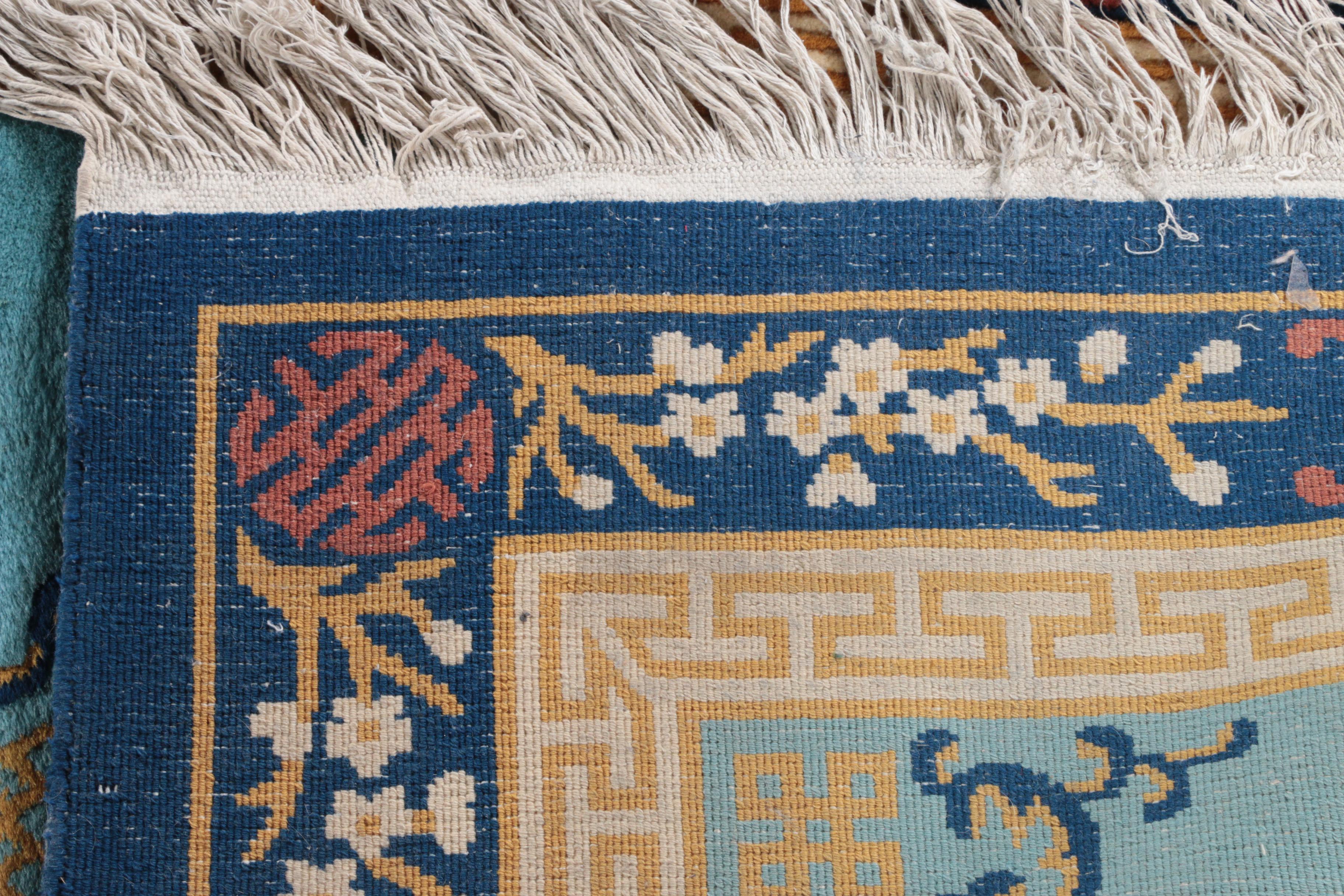 Hand-Knotted Chinese Carved Wool Area Rug with Longevity Symbols