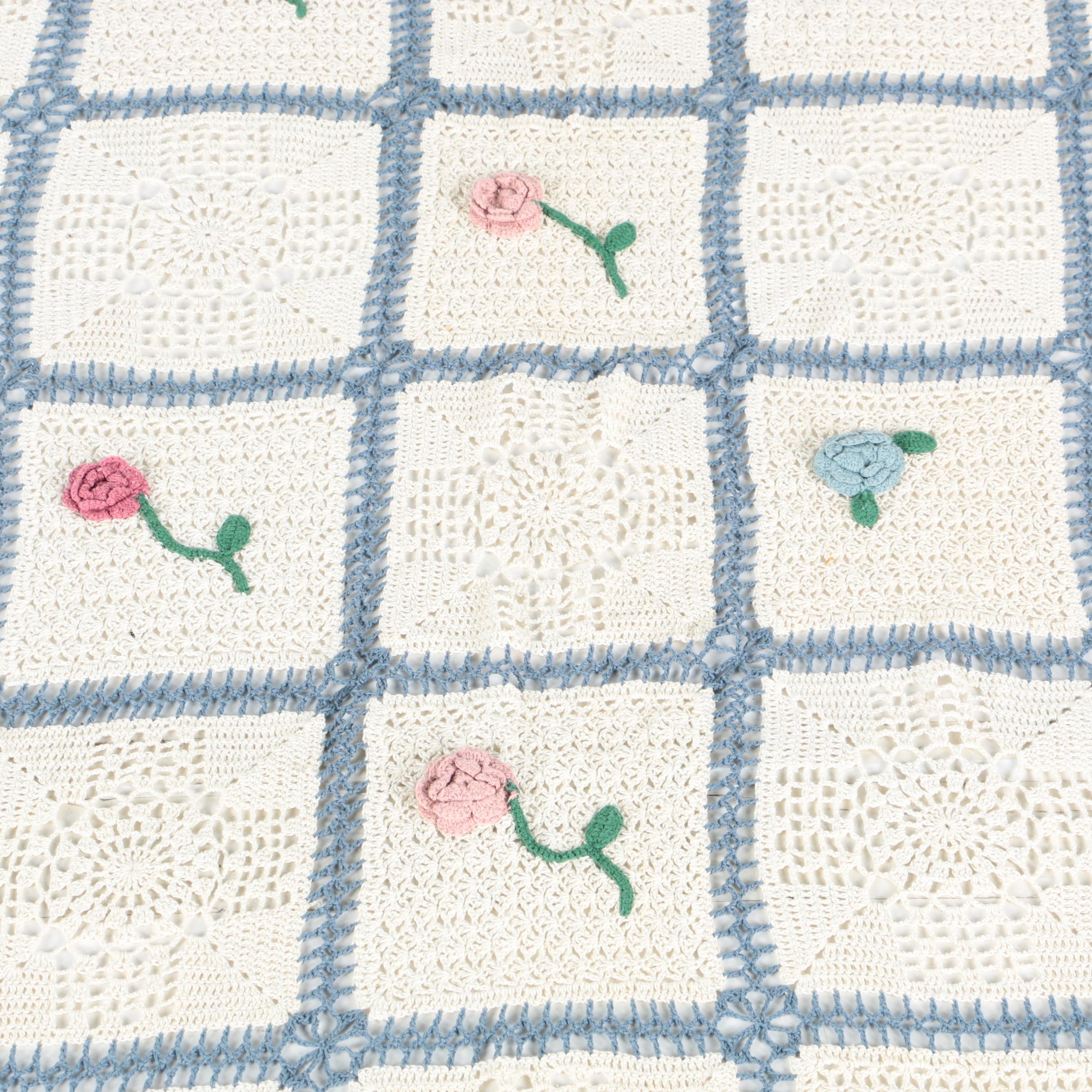 Handcrafted Crocheted Cotton Afghan With Dimensional Flowers