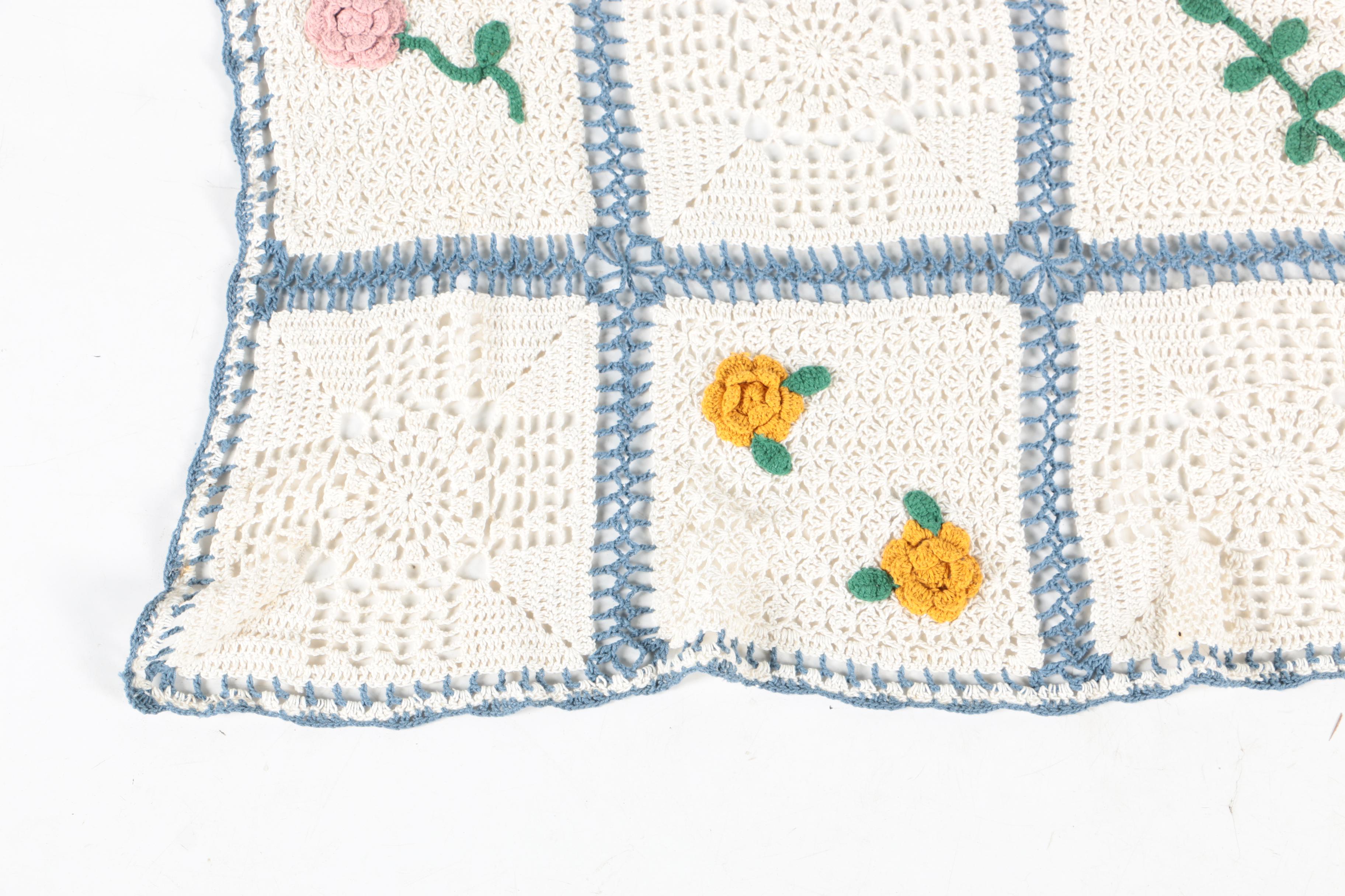 Handcrafted Crocheted Cotton Afghan With Dimensional Flowers