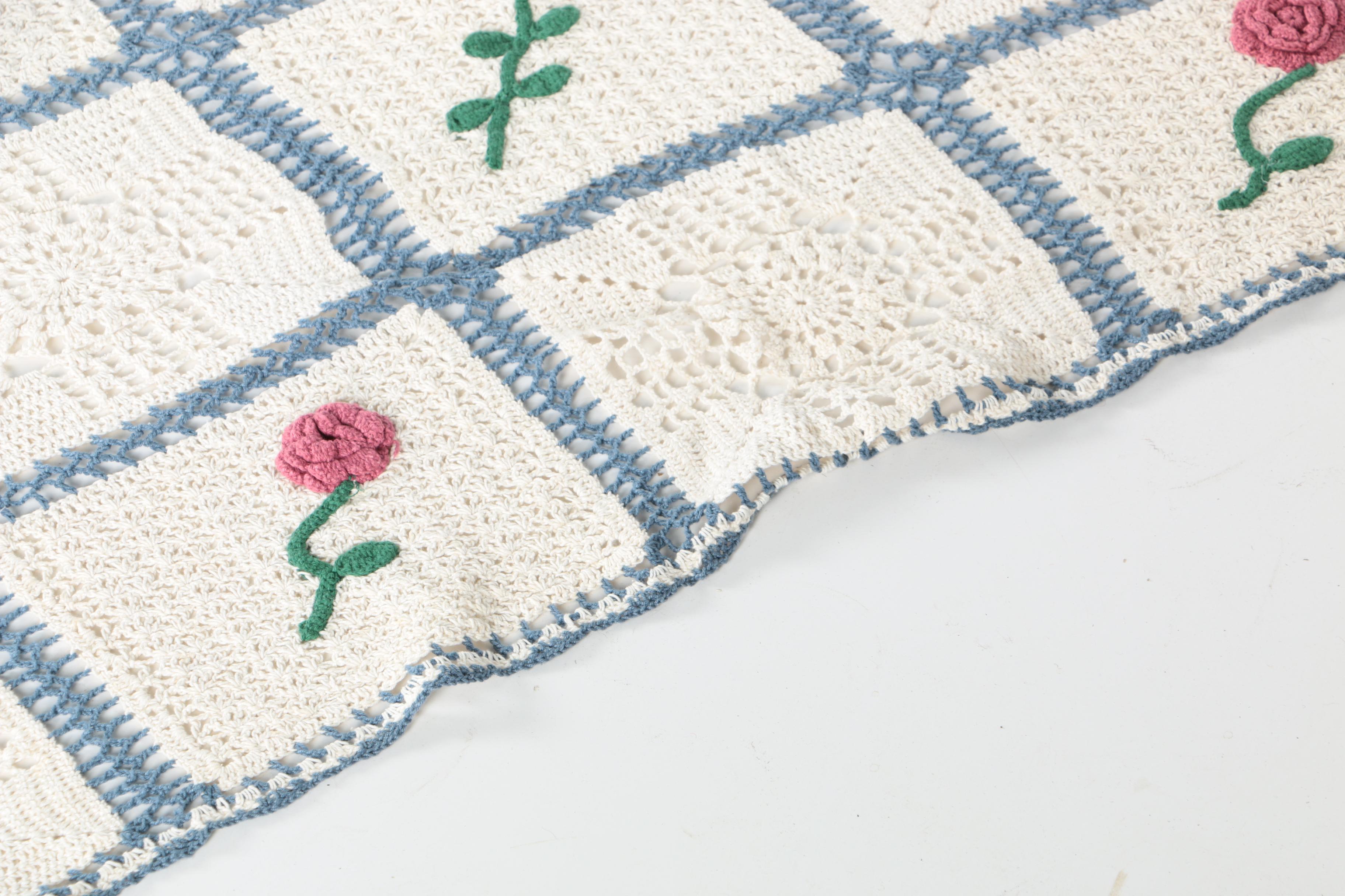 Handcrafted Crocheted Cotton Afghan With Dimensional Flowers