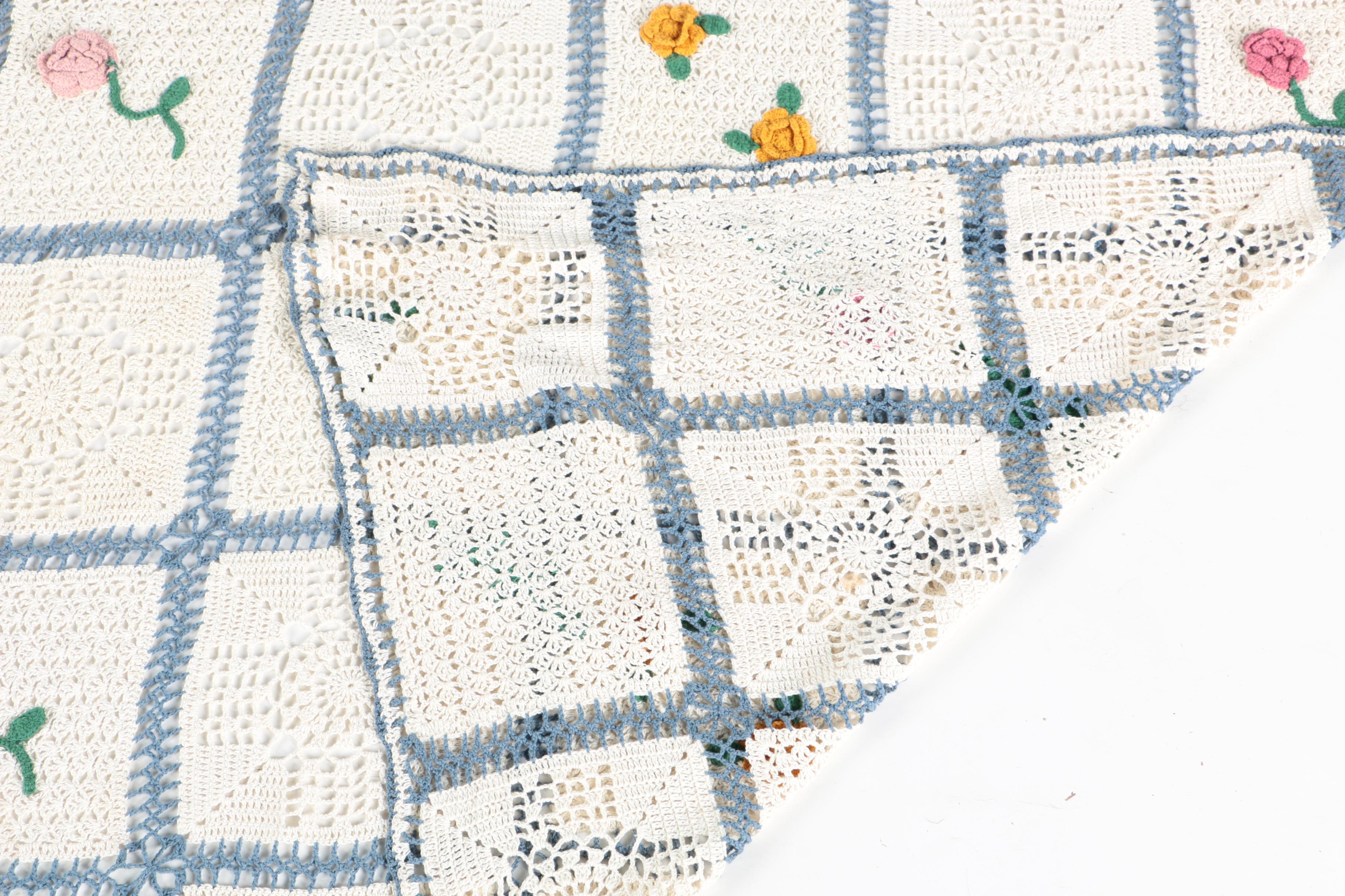 Handcrafted Crocheted Cotton Afghan With Dimensional Flowers