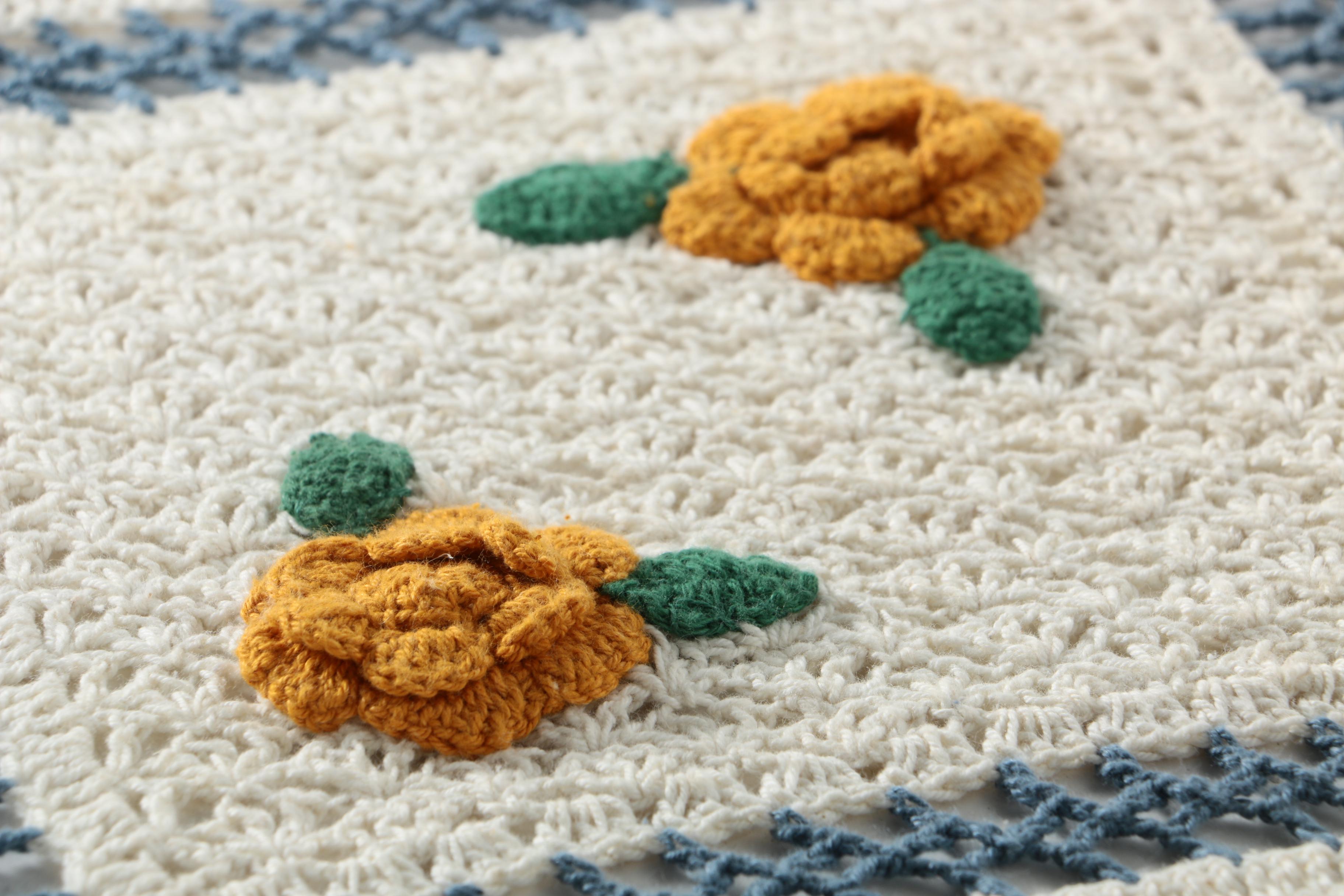Handcrafted Crocheted Cotton Afghan With Dimensional Flowers