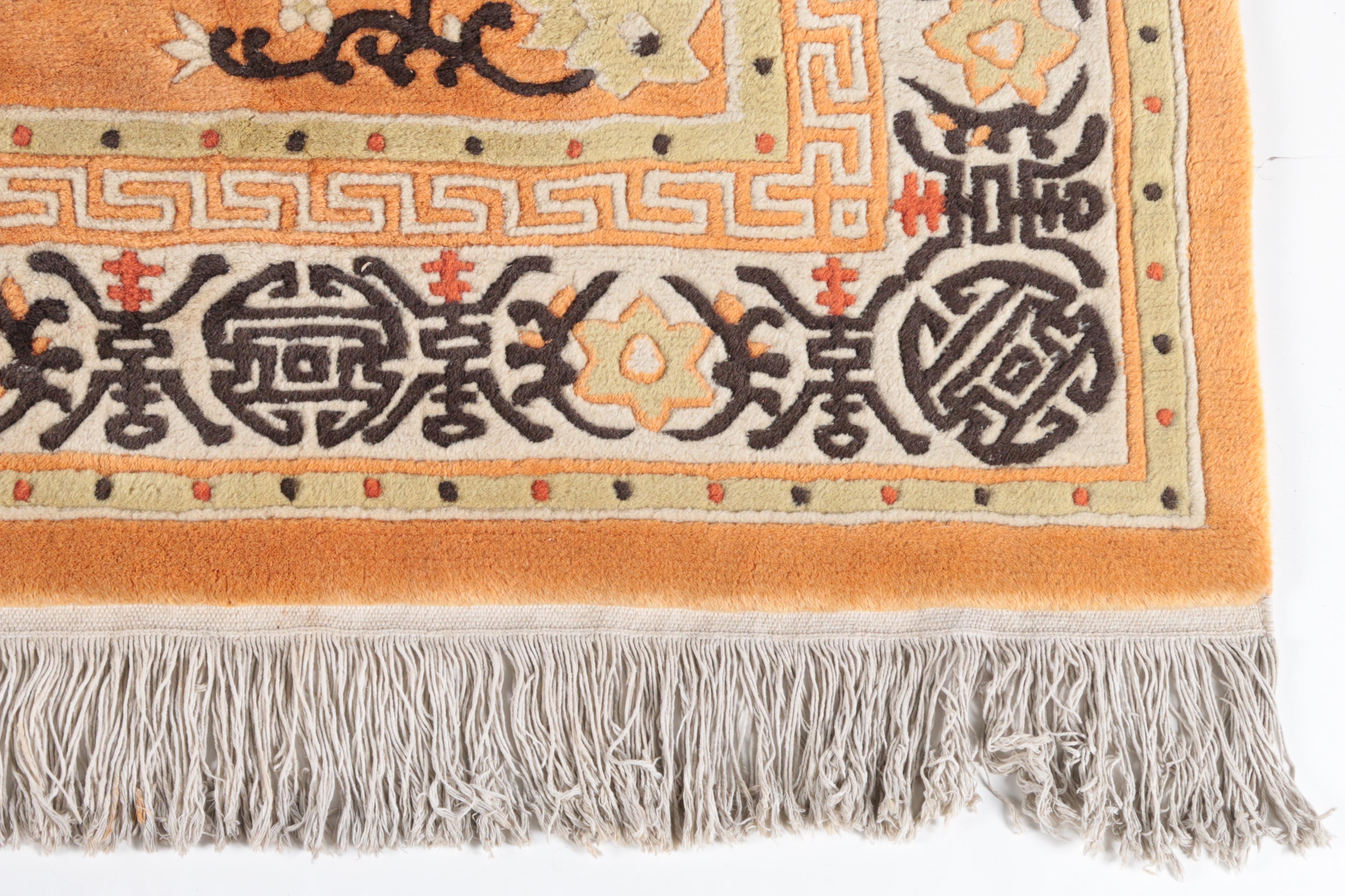 Hand-Knotted Chinese Carved Wool Area Rug with Longevity Symbols