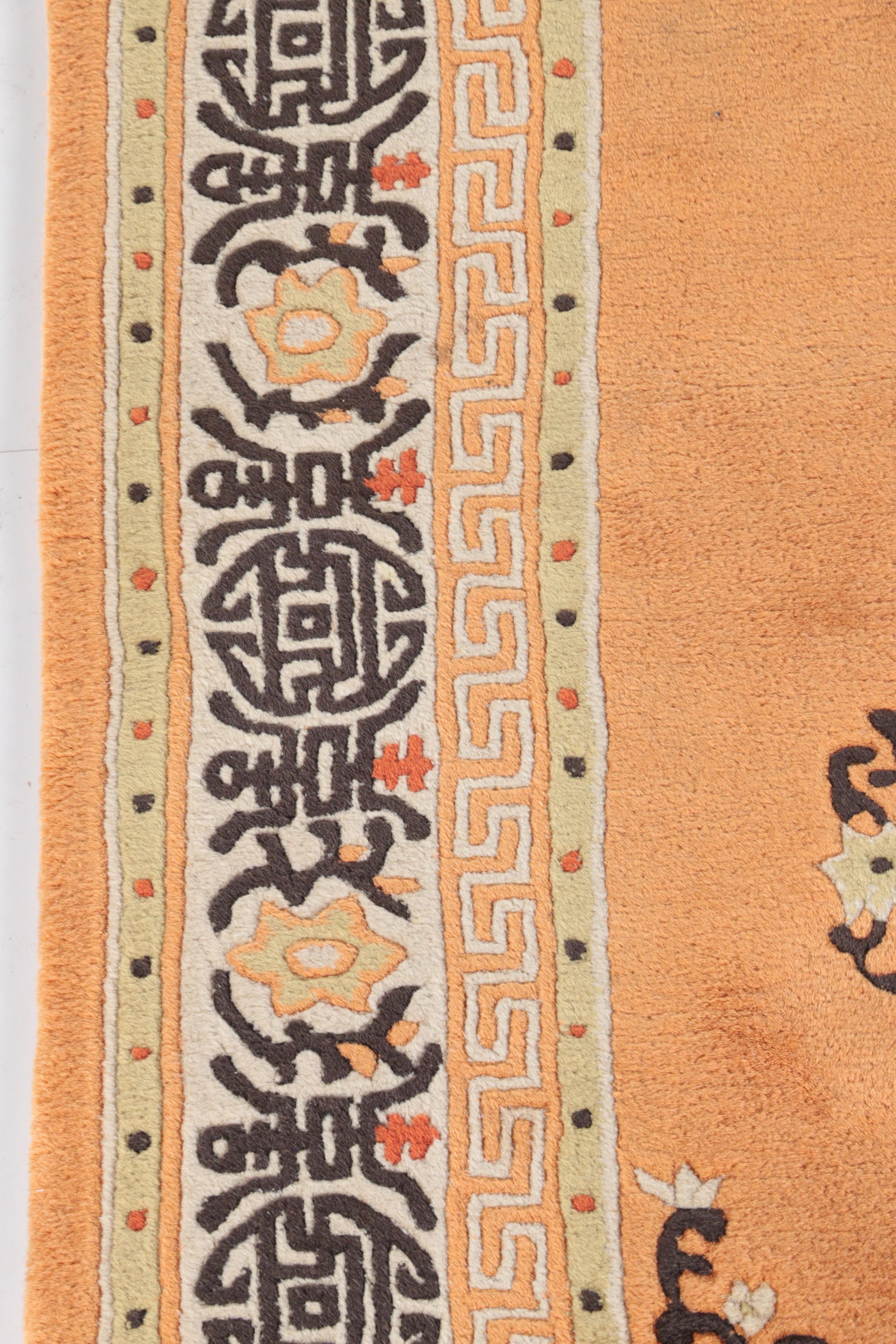Hand-Knotted Chinese Carved Wool Area Rug with Longevity Symbols