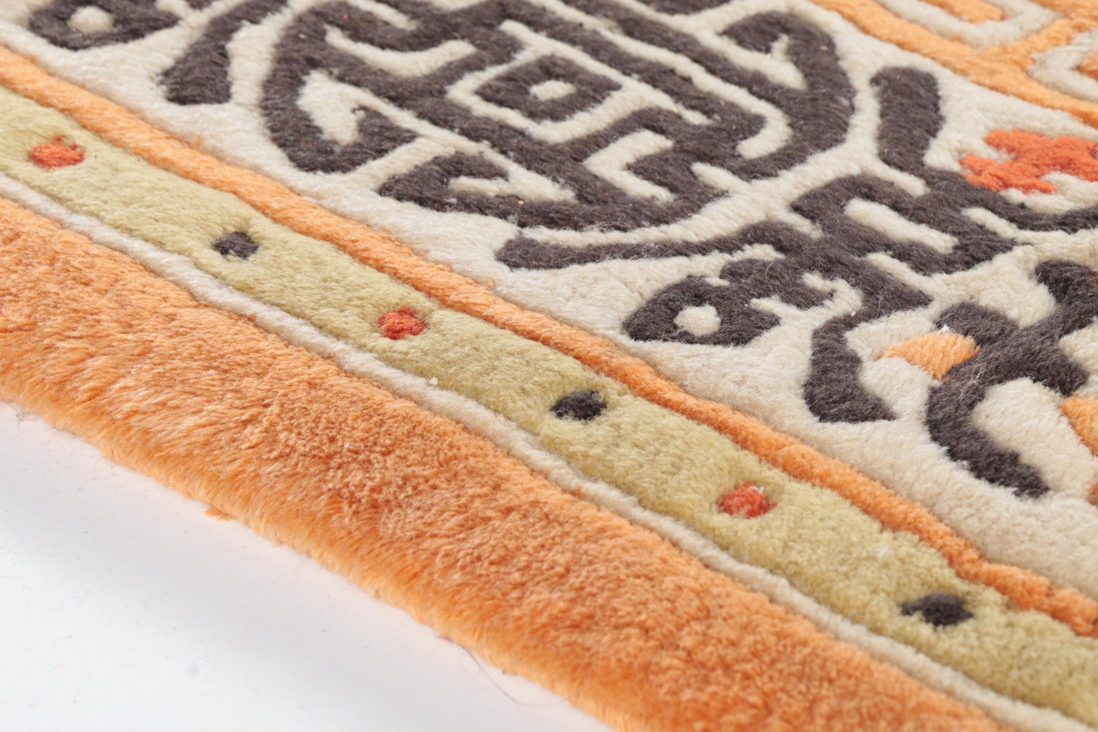 Hand-Knotted Chinese Carved Wool Area Rug with Longevity Symbols