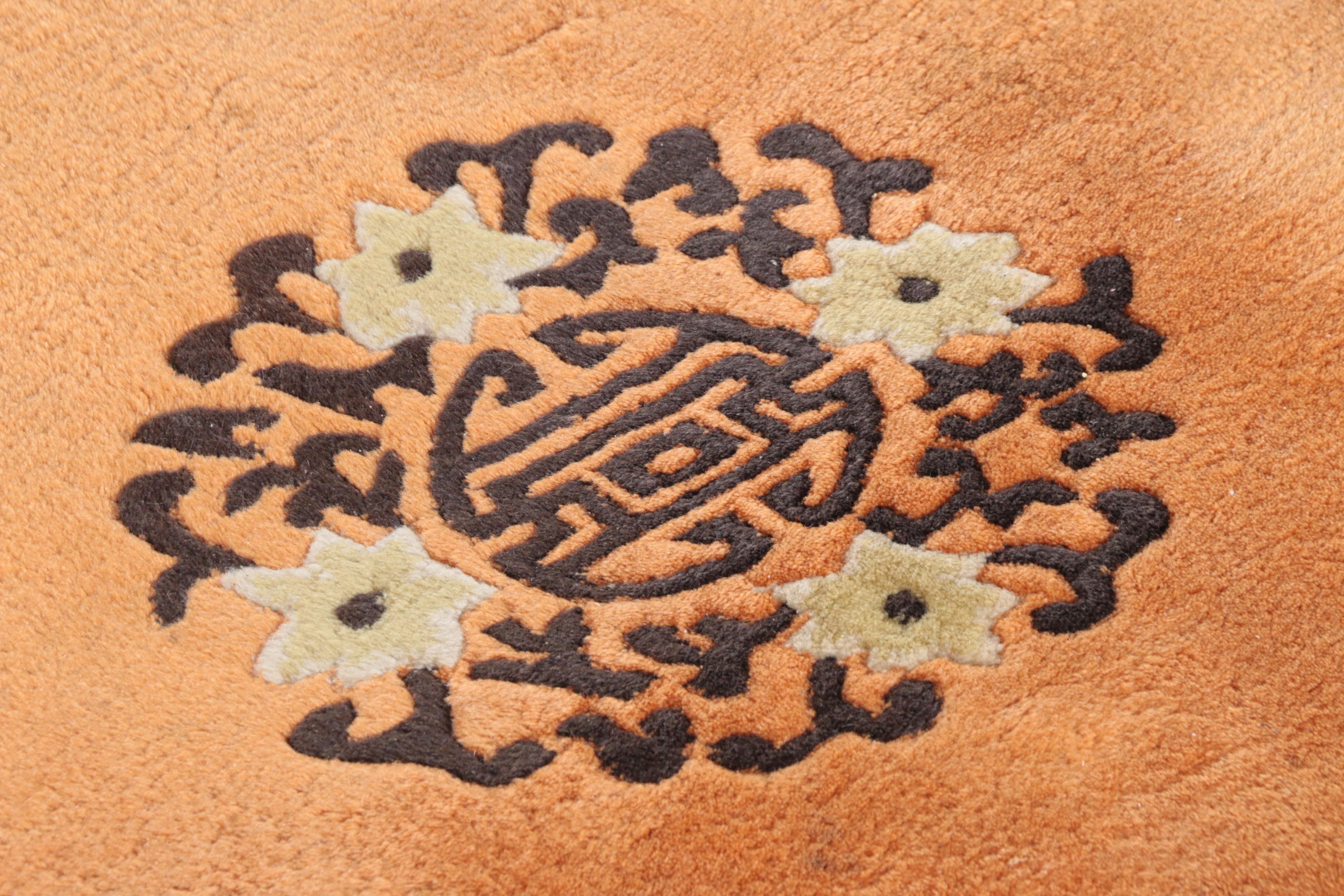 Hand-Knotted Chinese Carved Wool Area Rug with Longevity Symbols