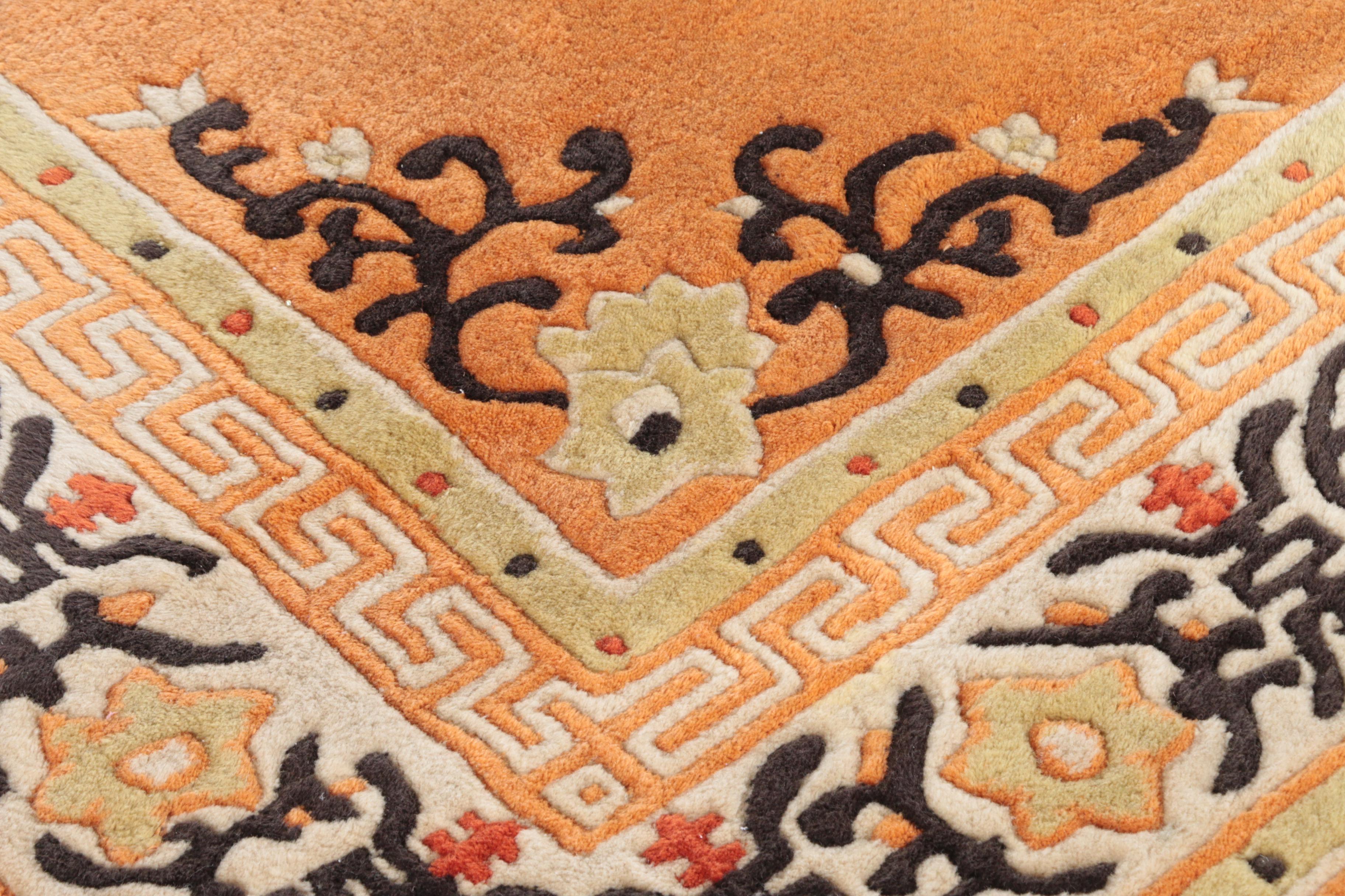 Hand-Knotted Chinese Carved Wool Area Rug with Longevity Symbols