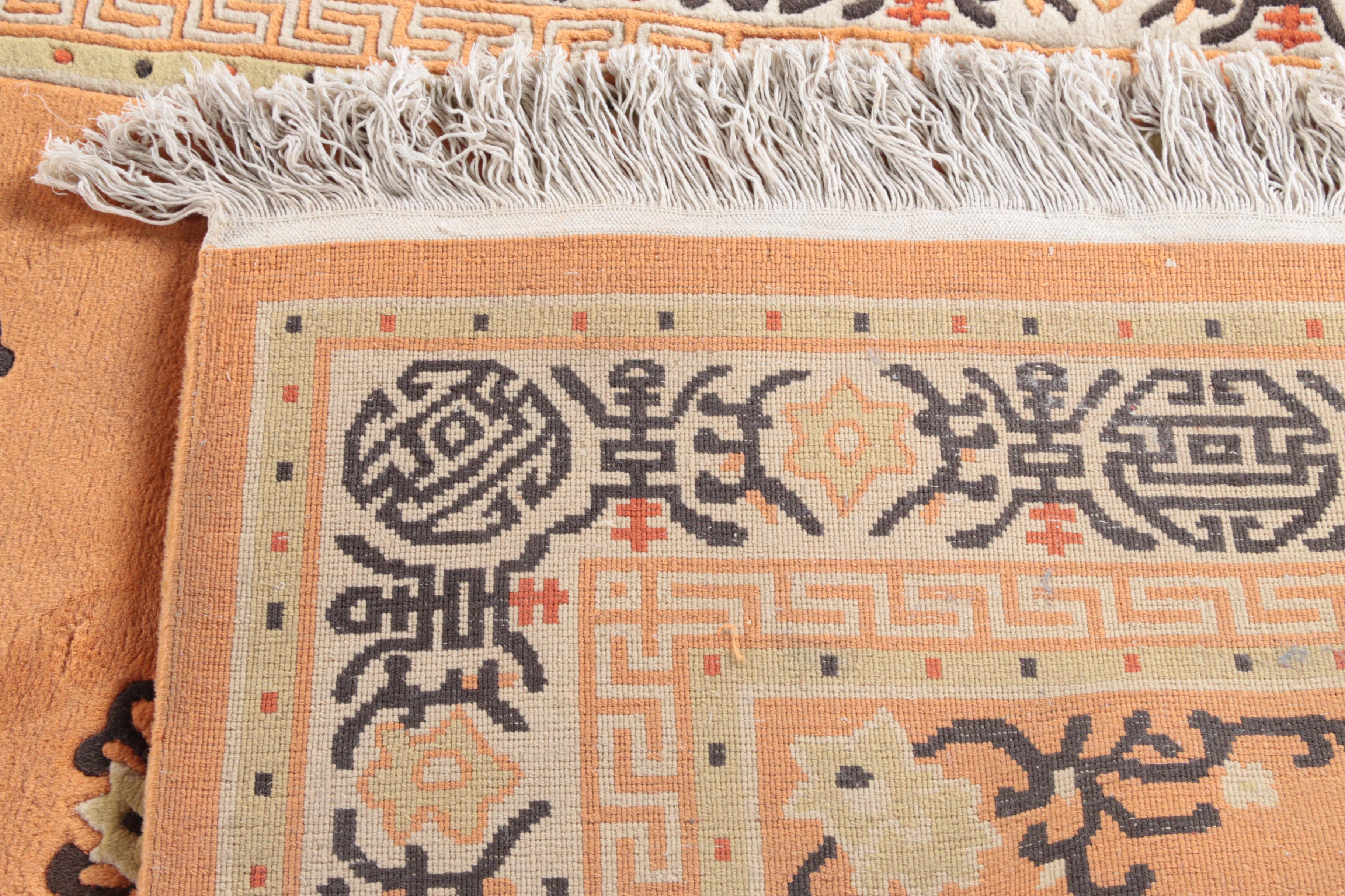 Hand-Knotted Chinese Carved Wool Area Rug with Longevity Symbols
