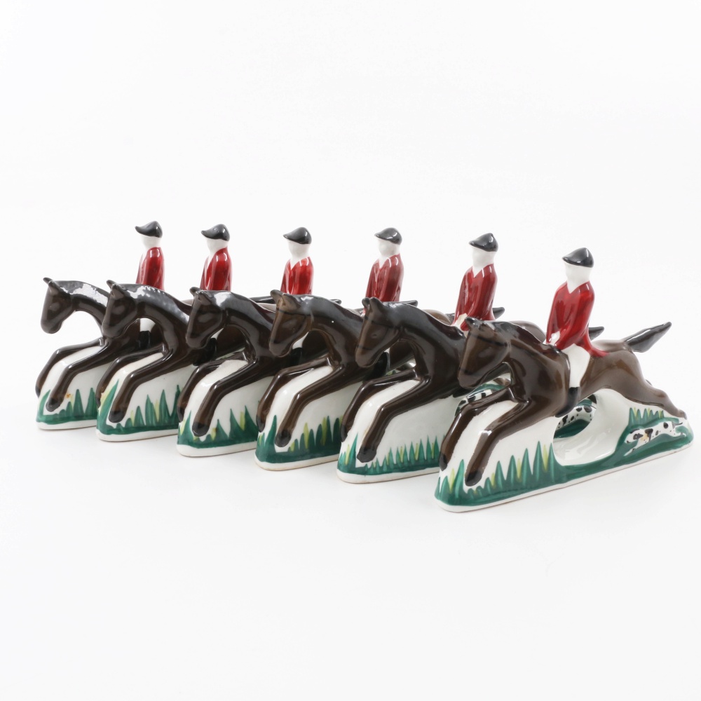 Set of Six "PIA" Hand Painted Bone China Horse, Hound and Rider Napkin Rings