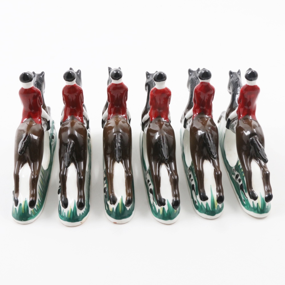 Set of Six "PIA" Hand Painted Bone China Horse, Hound and Rider Napkin Rings