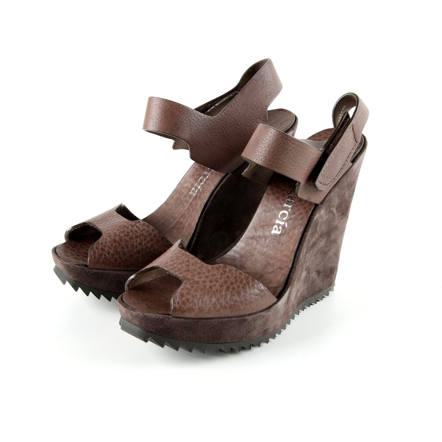 Pedro Garcia Vevay Brown Suede and Pebbled Leather Velcro Wedge Sandals