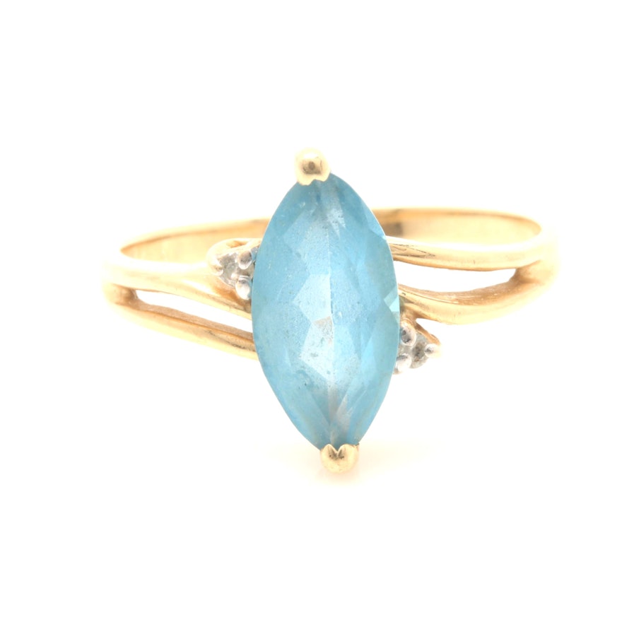 14K Yellow Gold Blue Topaz and Diamond Ring