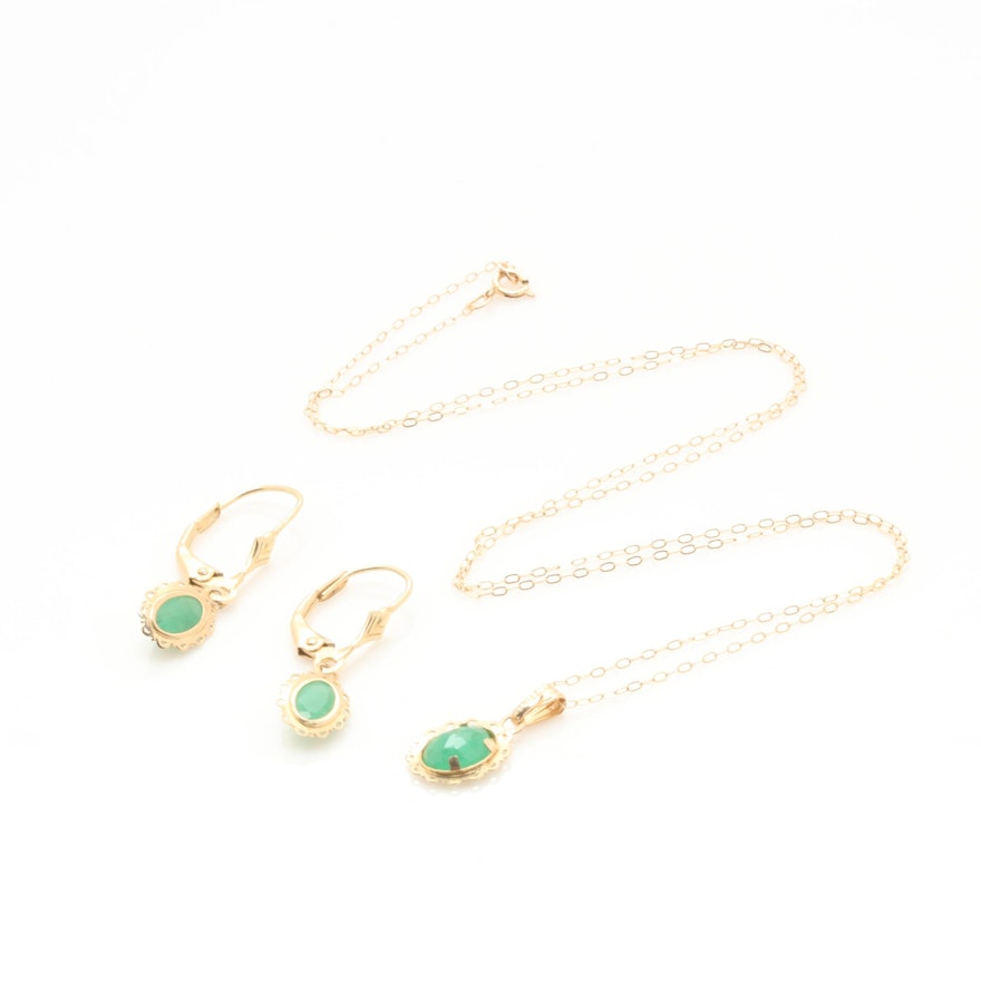 14K Yellow Gold Emerald Necklace and Earring Set