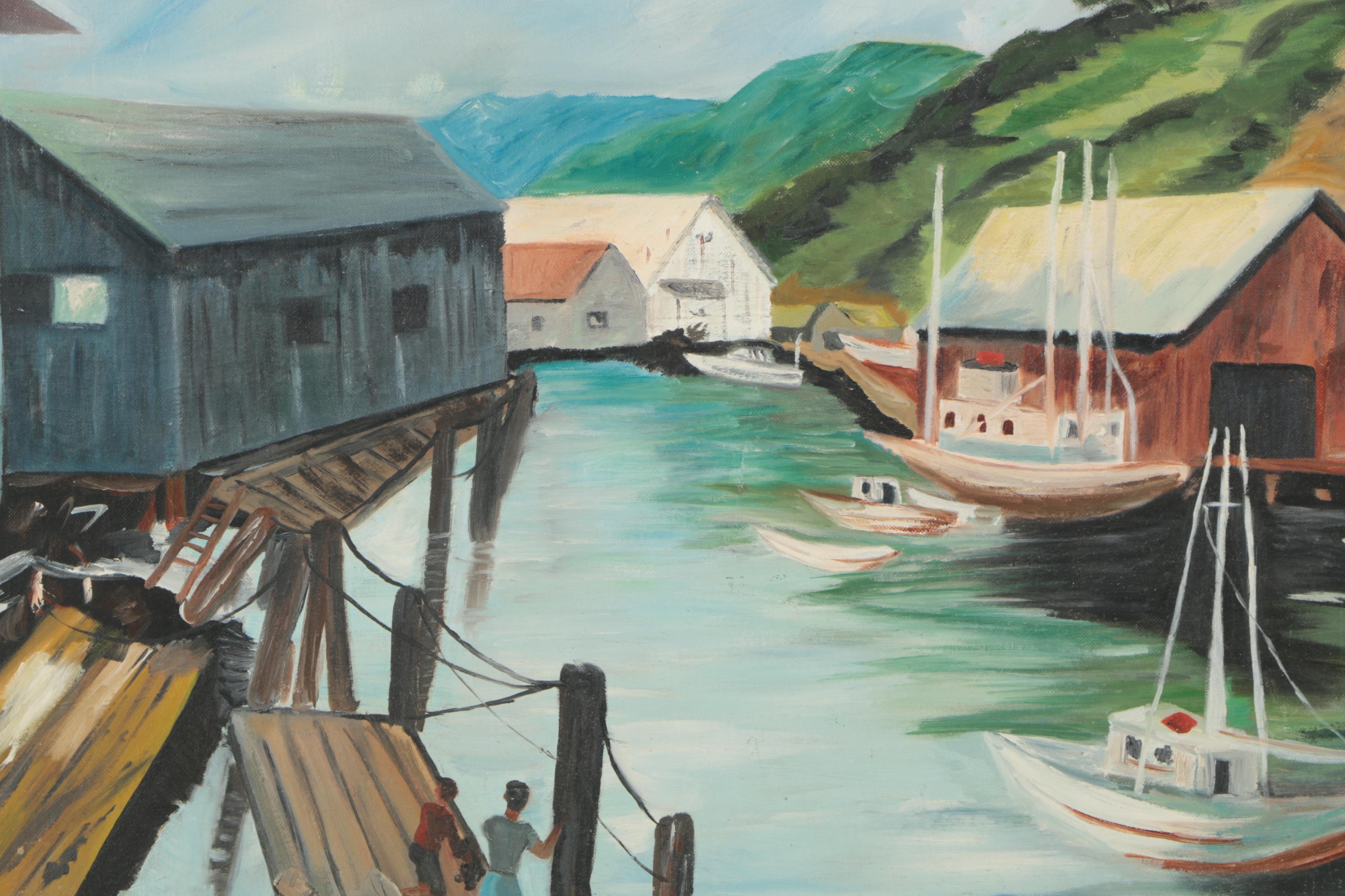 Oil Painting of Boats and Dock Buildings