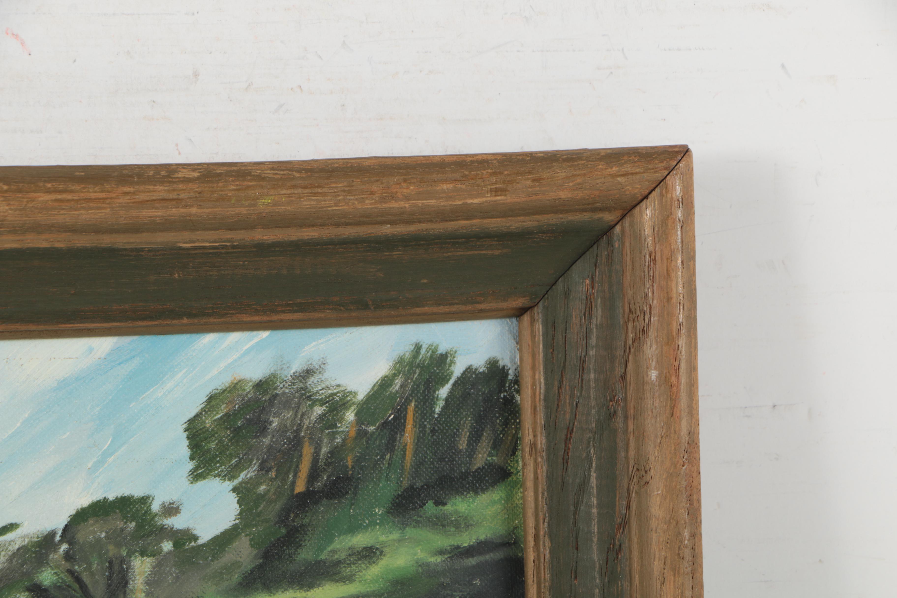 Oil Painting of Boats and Dock Buildings