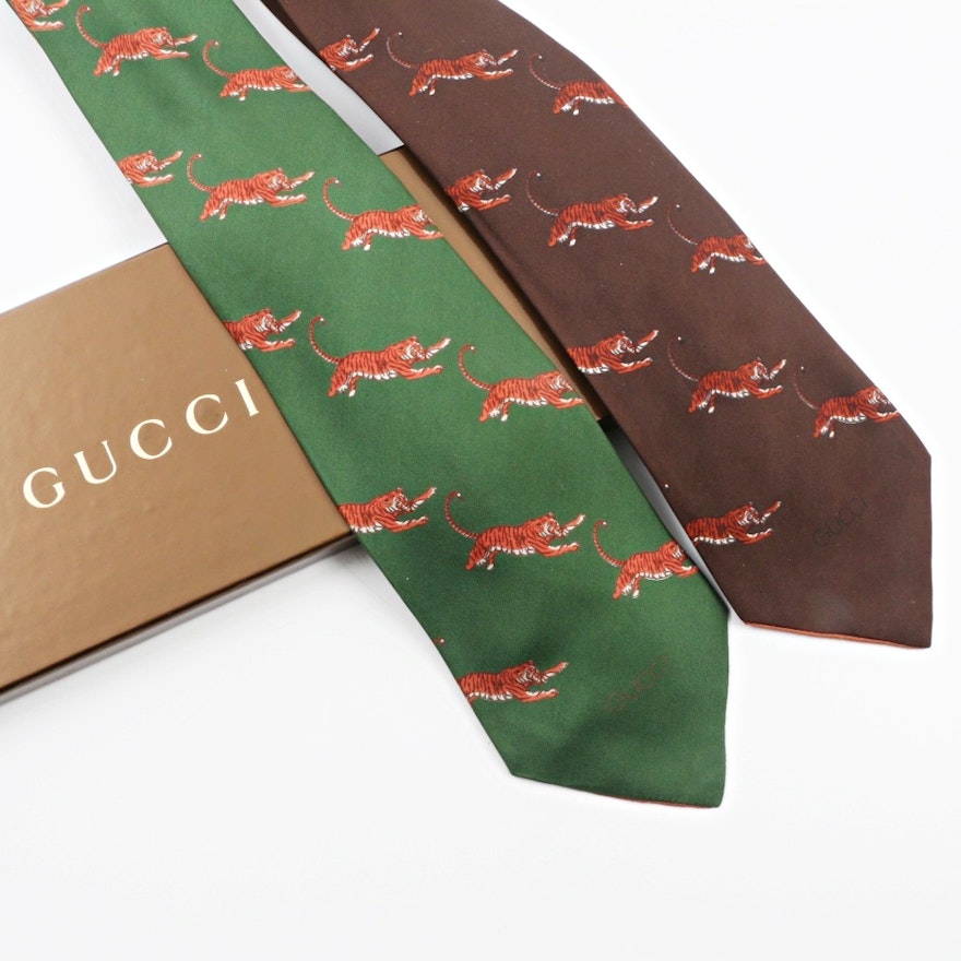 Vintage Gucci Bengal Tiger Patterned Silk Neckties