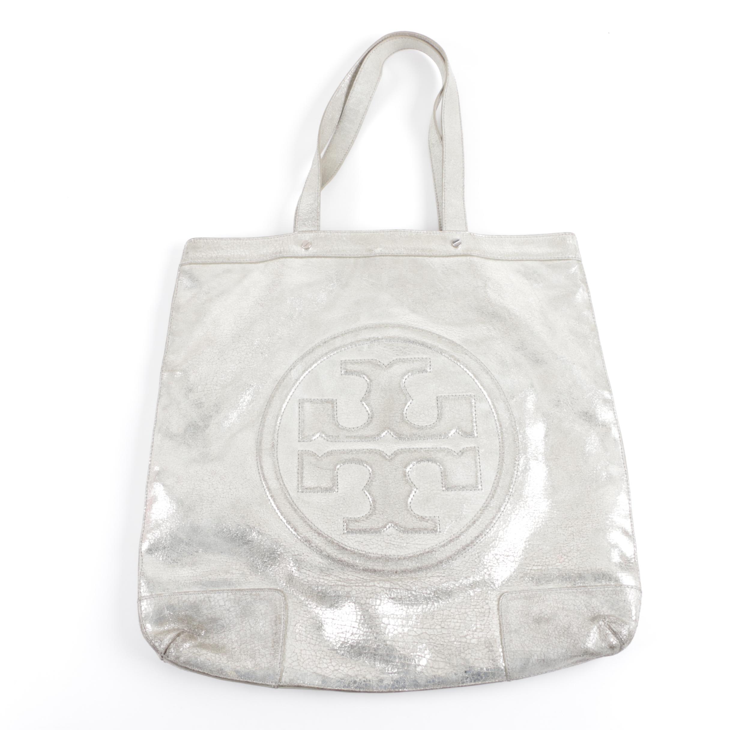 Tory Burch Metallic Silver Leather Logo Tote Handbag
