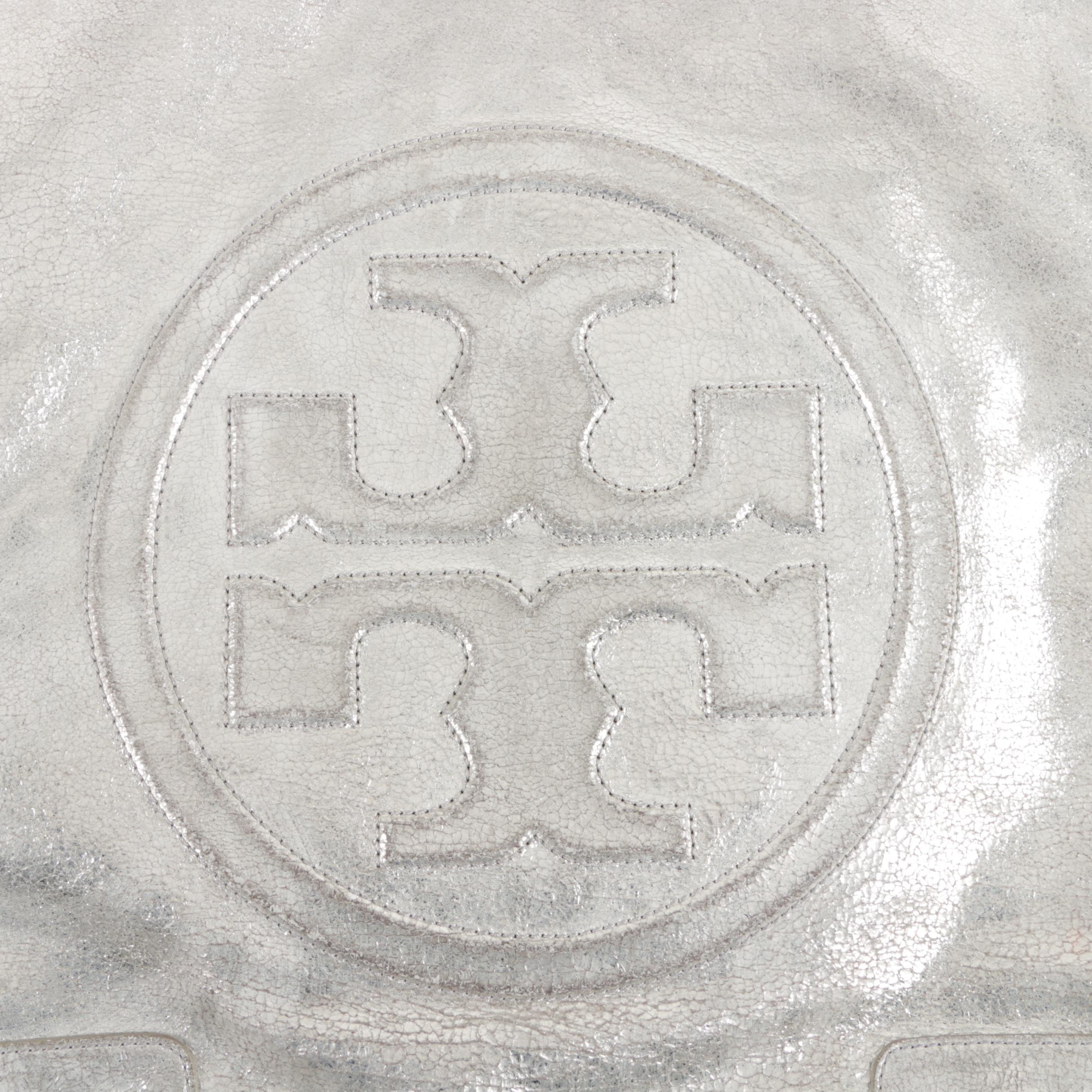 Tory Burch Metallic Silver Leather Logo Tote Handbag