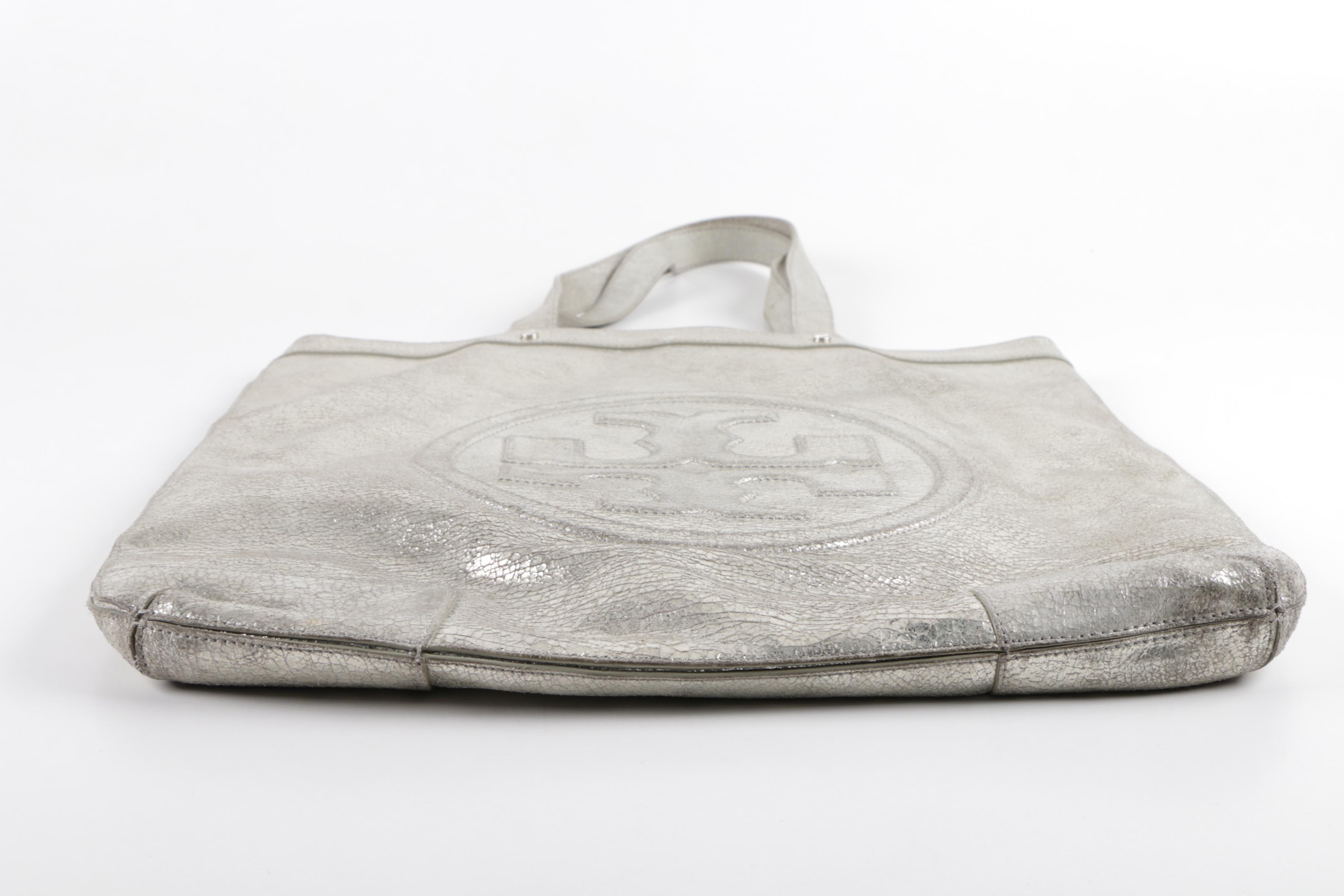 Tory Burch Metallic Silver Leather Logo Tote Handbag