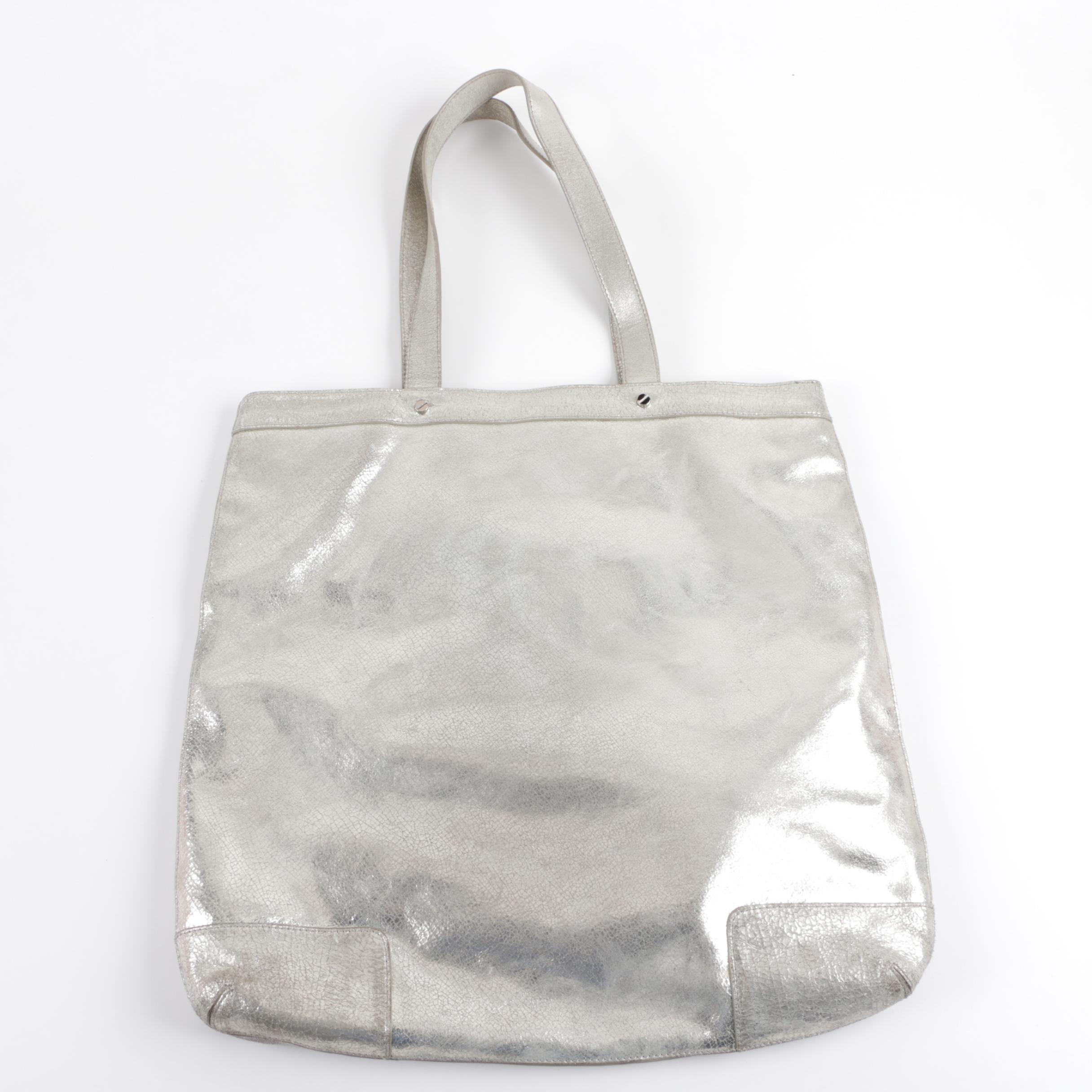 Tory Burch Metallic Silver Leather Logo Tote Handbag