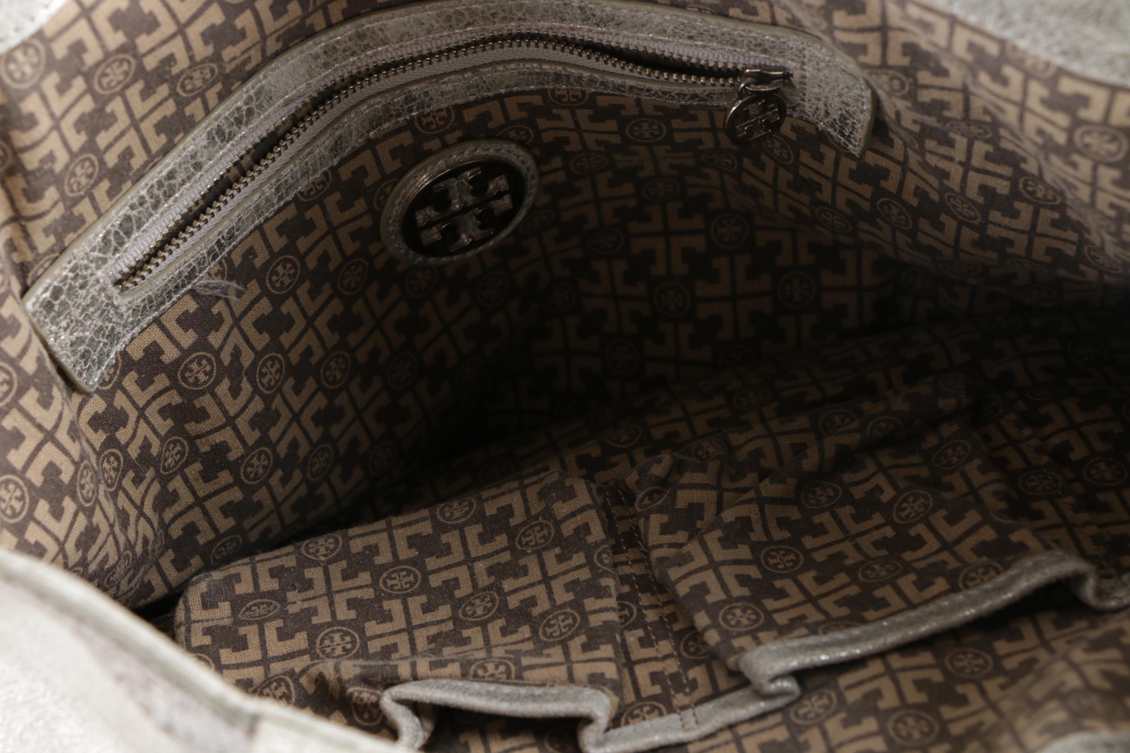Tory Burch Metallic Silver Leather Logo Tote Handbag