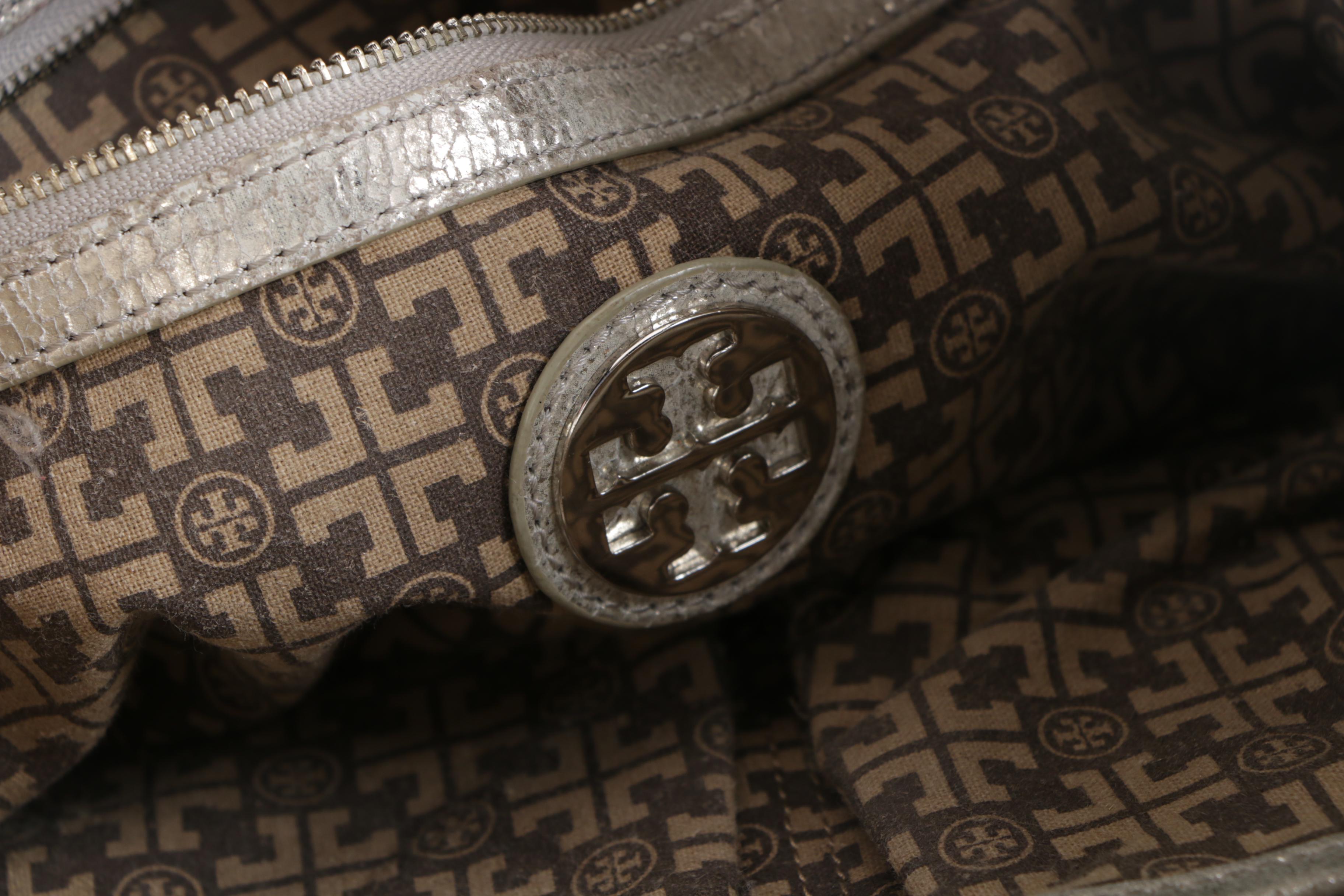 Tory Burch Metallic Silver Leather Logo Tote Handbag