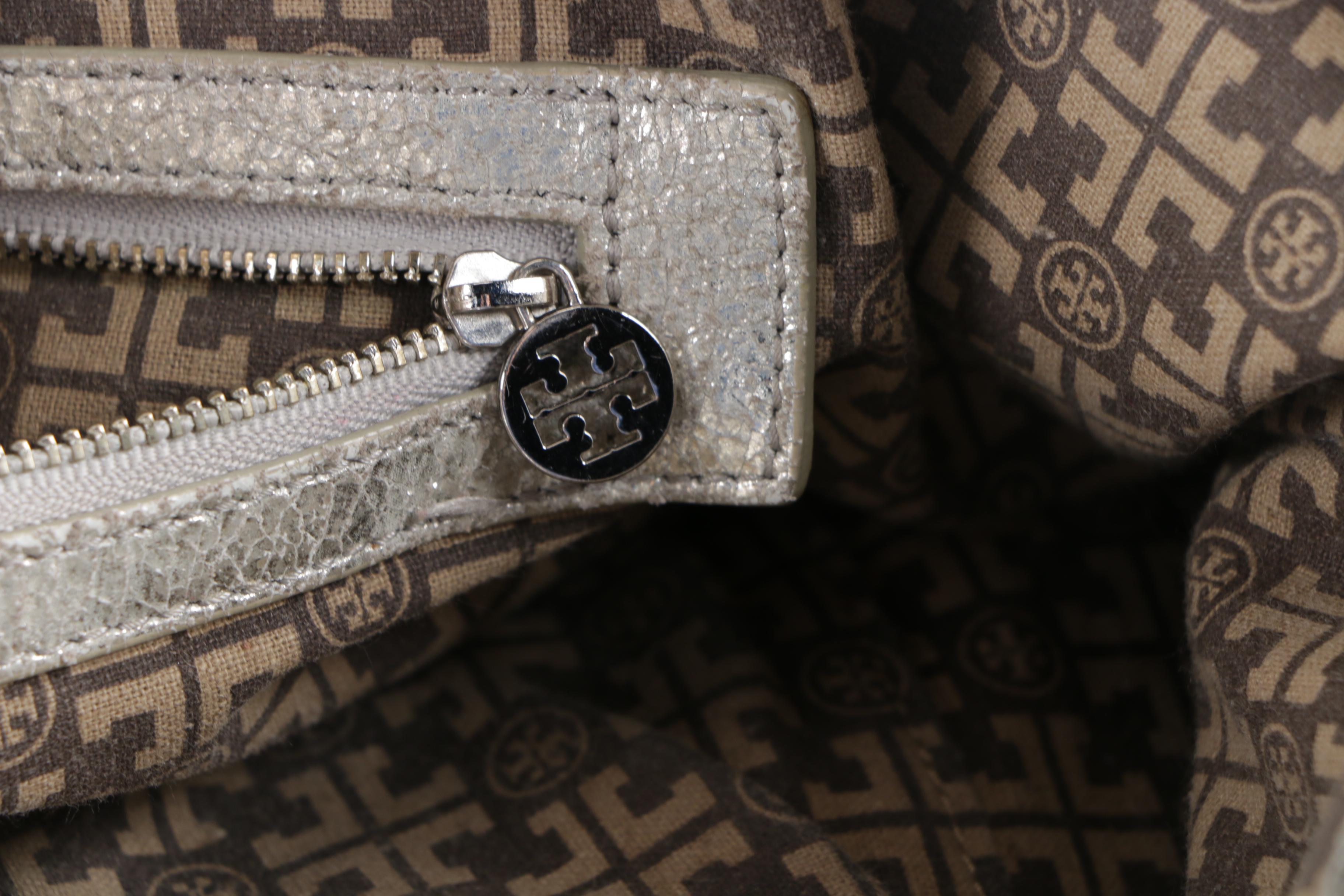 Tory Burch Metallic Silver Leather Logo Tote Handbag