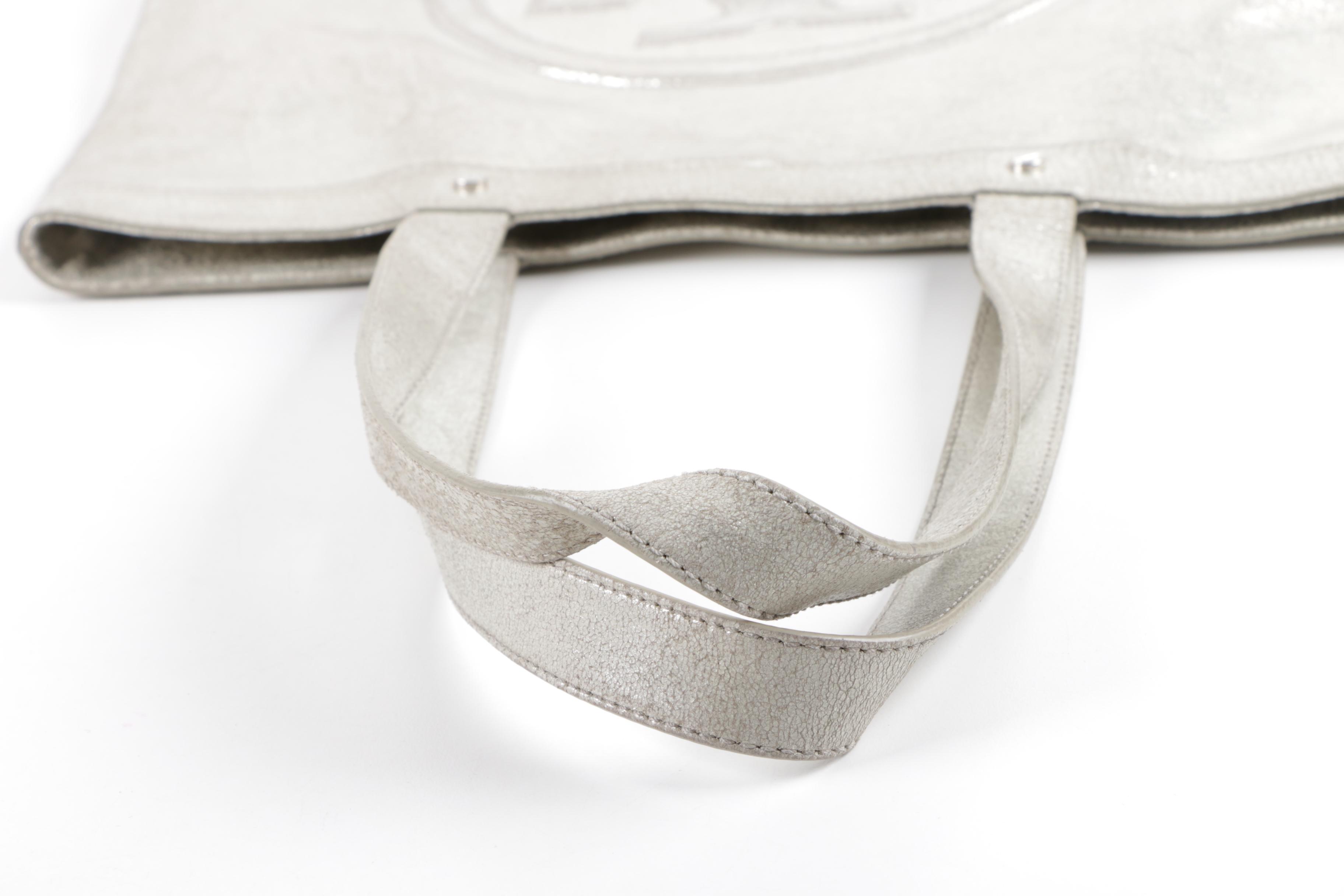 Tory Burch Metallic Silver Leather Logo Tote Handbag