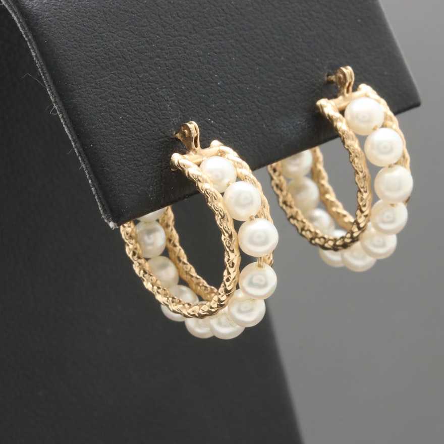 10K Yellow Gold Cultured Pearl Hoop Earrings