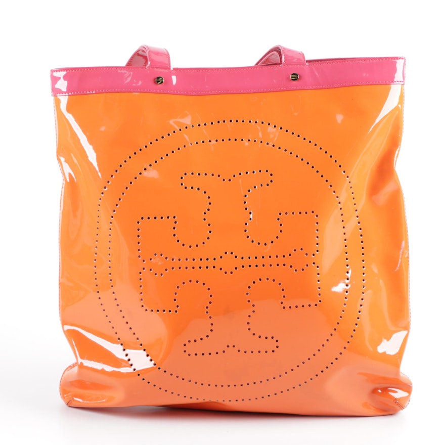 Tory Burch Orange and Pink Patent Leather Tote Bag