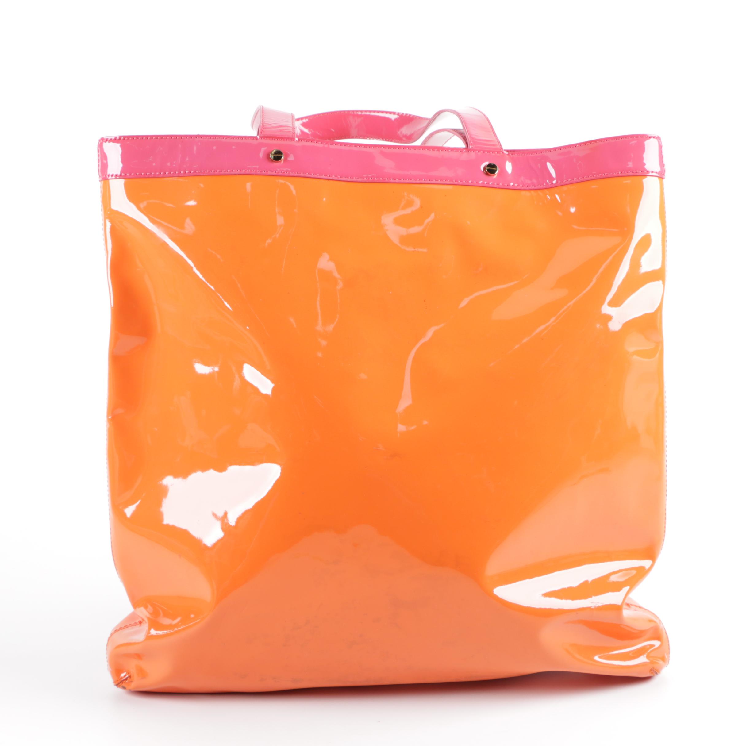 Tory Burch Orange and Pink Patent Leather Tote Bag