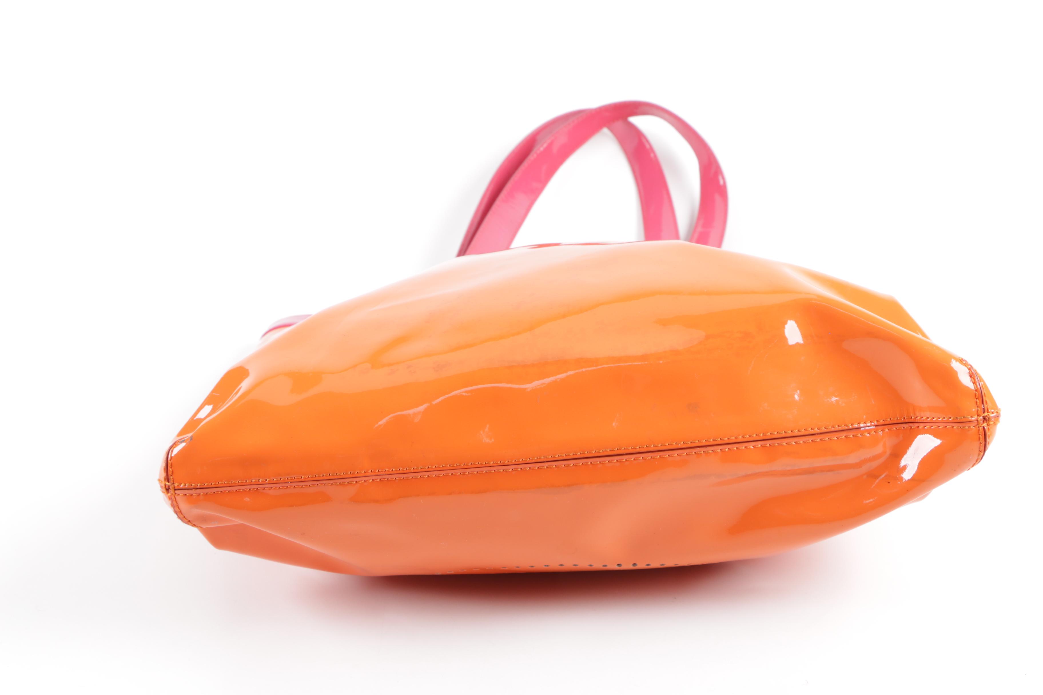 Tory Burch Orange and Pink Patent Leather Tote Bag