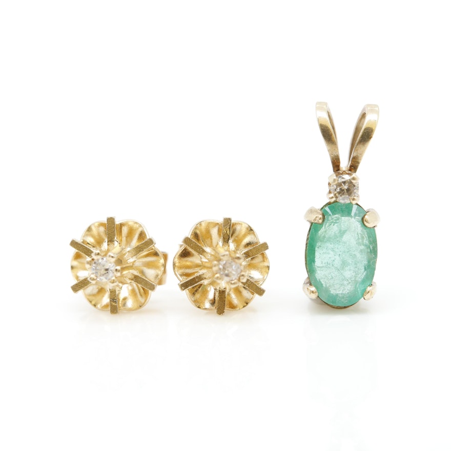 14K Yellow Gold Emerald and Diamond Pendant and Earrings