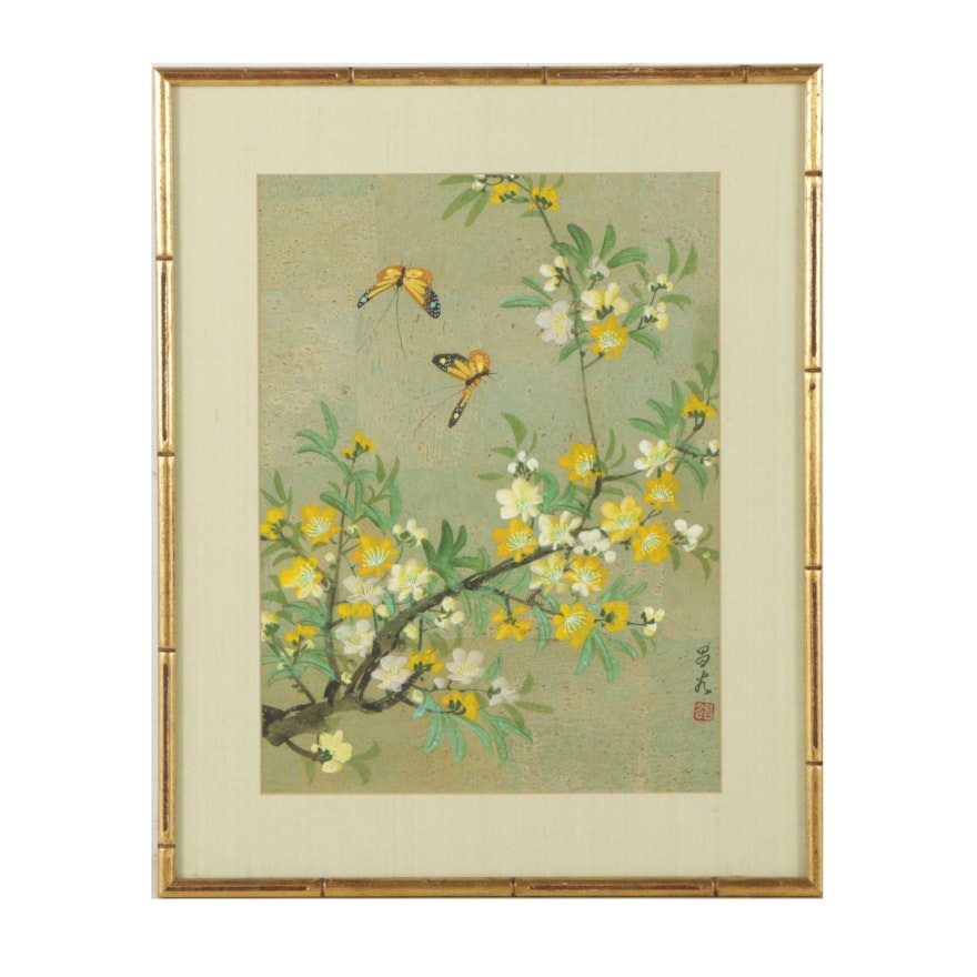 Chinese Gouache Painting of Butterflies and Flowering Tree