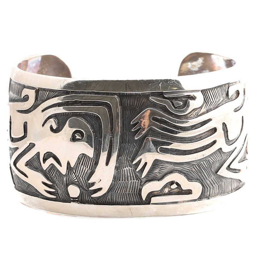 Sterling Silver Cuff Bracelet with Aztec Motif