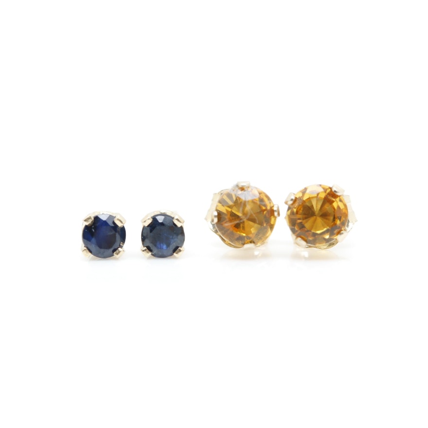 14K Yellow Gold Sapphire and Citrine Stud Earrings