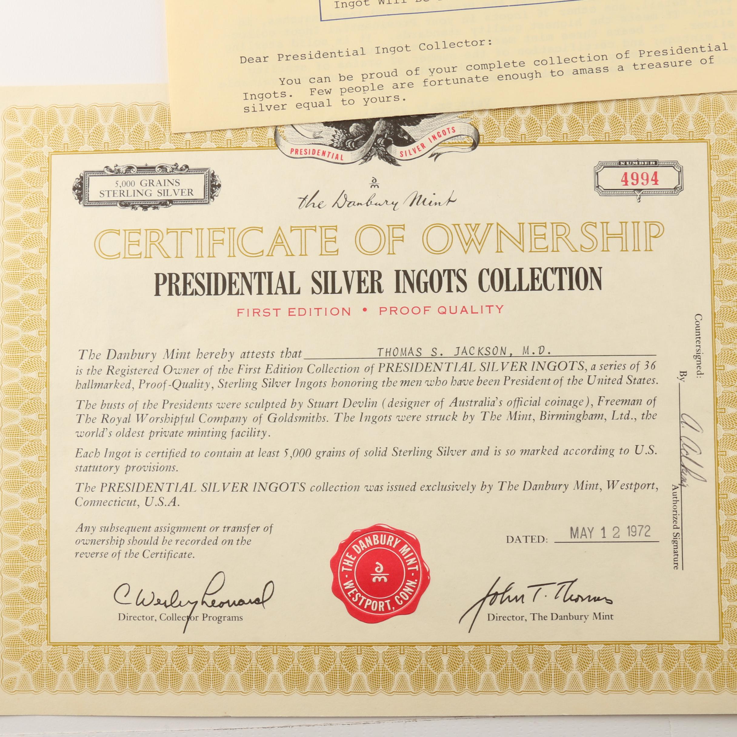 Danbury Mint U.S. Presidential Silver Ingots Collection