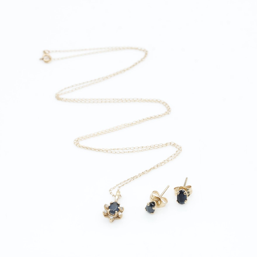 14K Yellow Gold Sapphire and Diamond Demi Parure