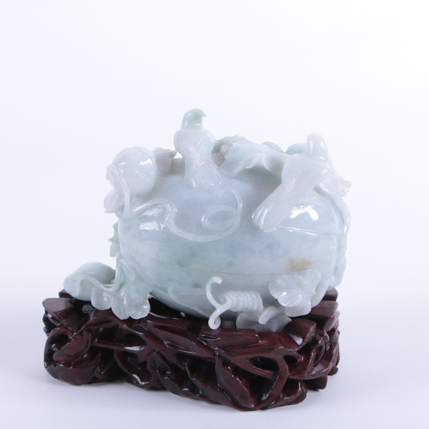 Chinese Carved Jadeite Box with Wooden Stand