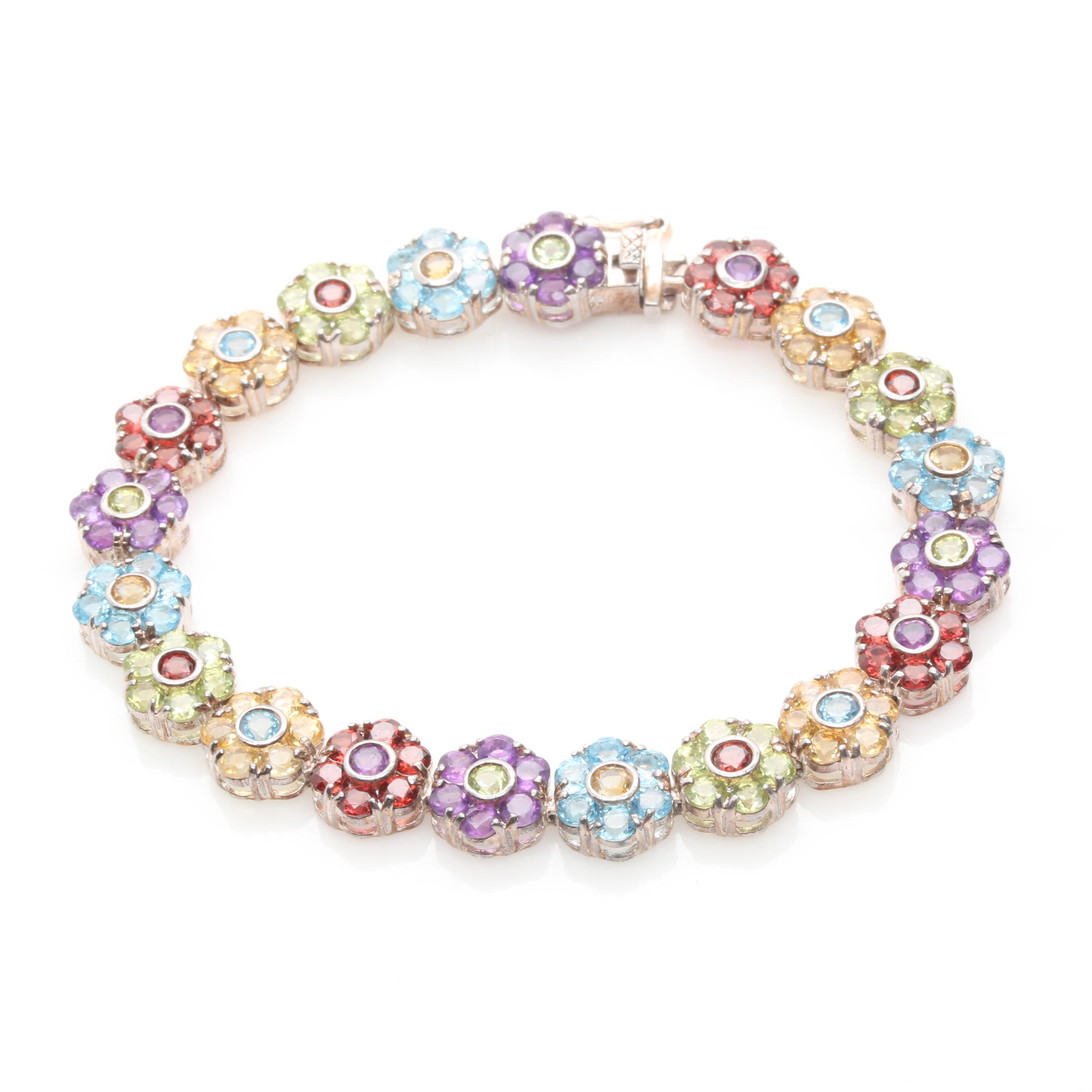 Sterling Silver Floral Gemstone Bracelet