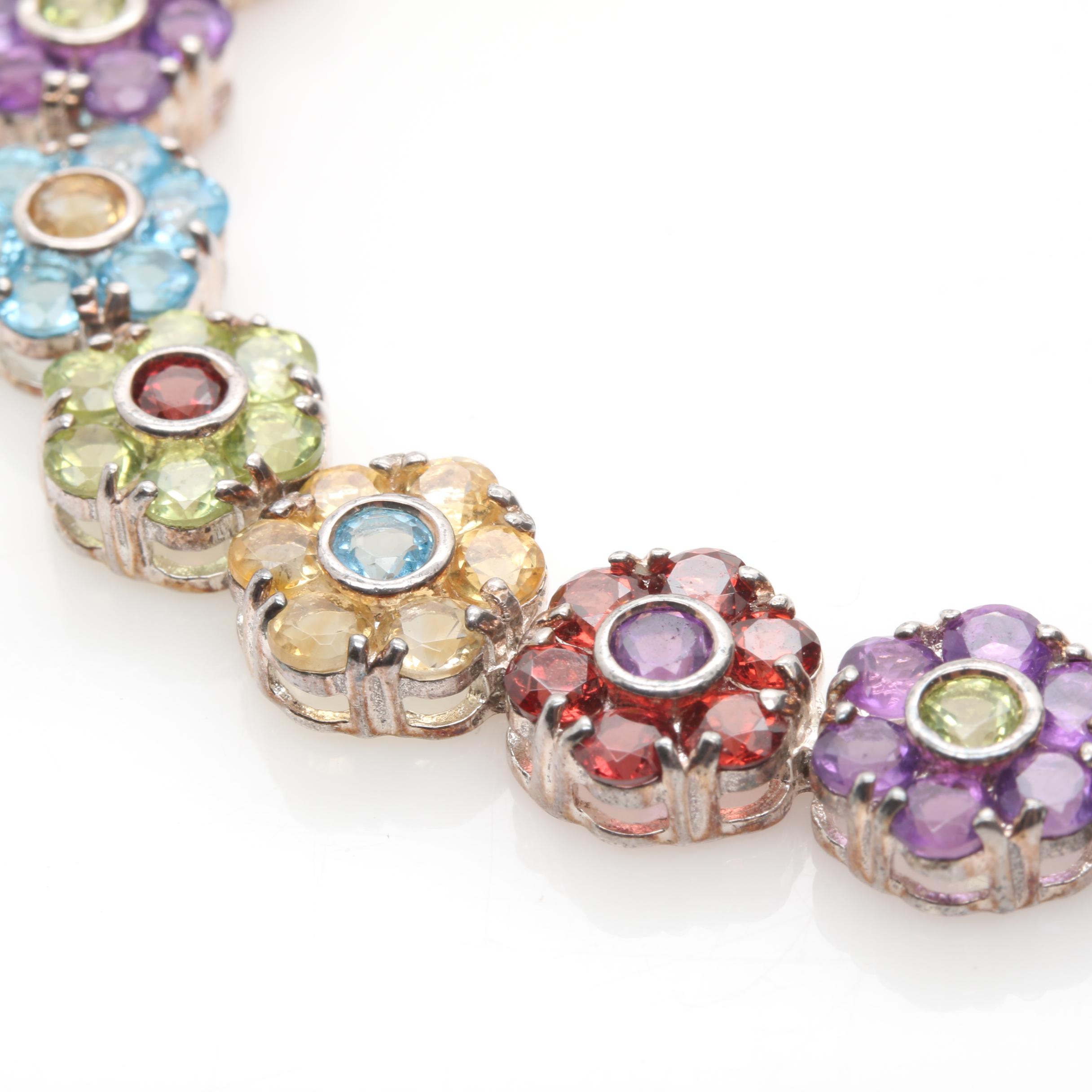Sterling Silver Floral Gemstone Bracelet
