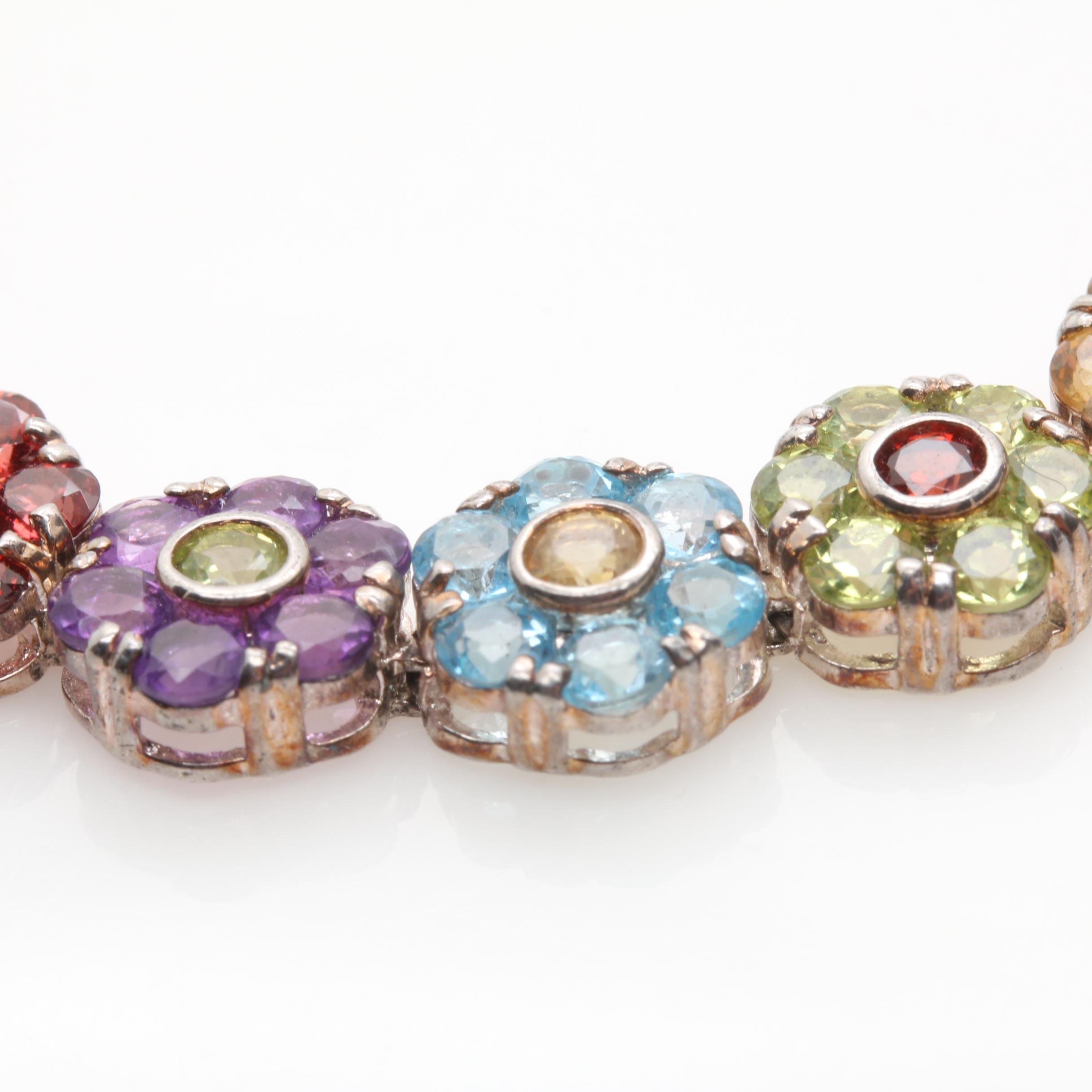 Sterling Silver Floral Gemstone Bracelet