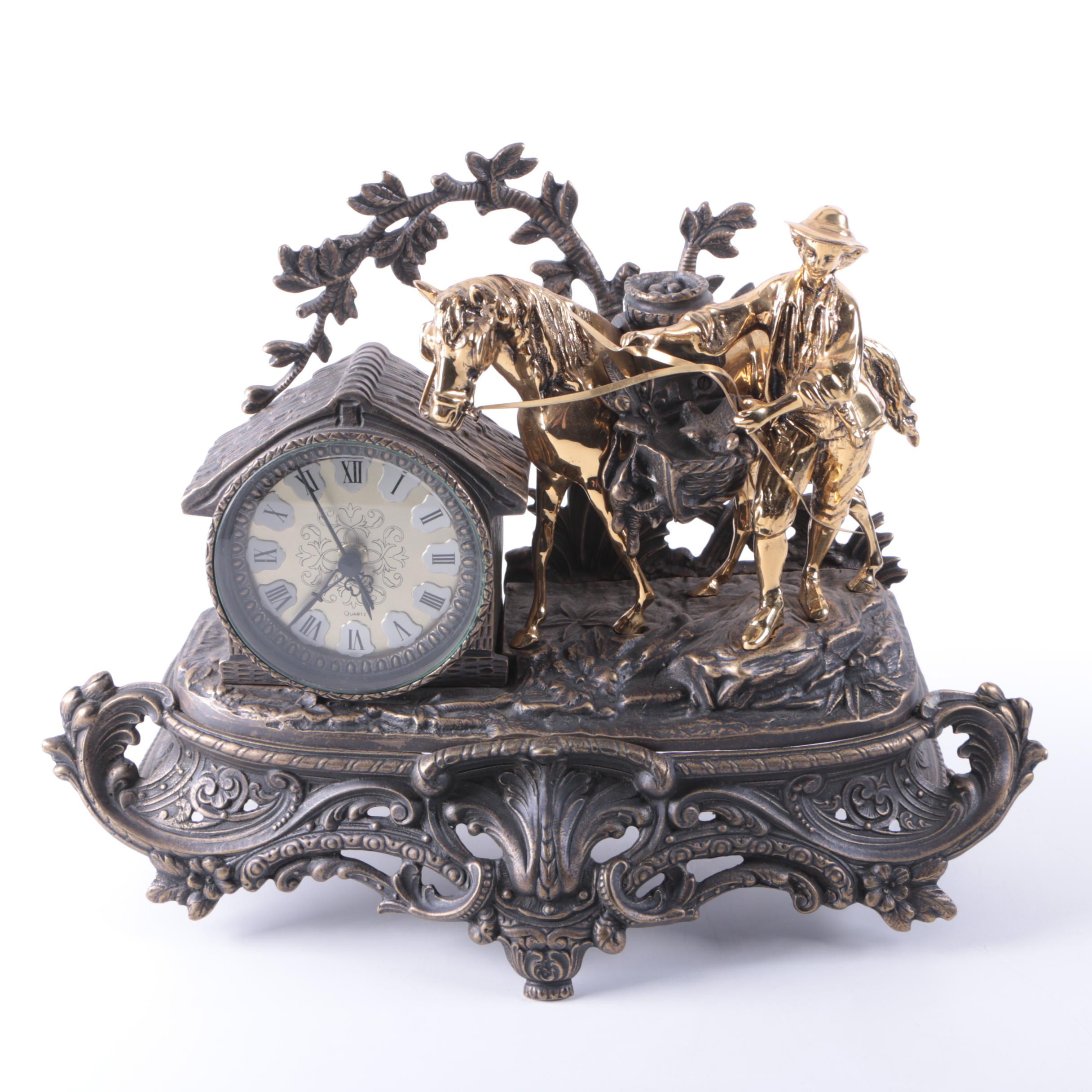 Spelter and Brass Black Forest Figural Quartz Mantel Clock