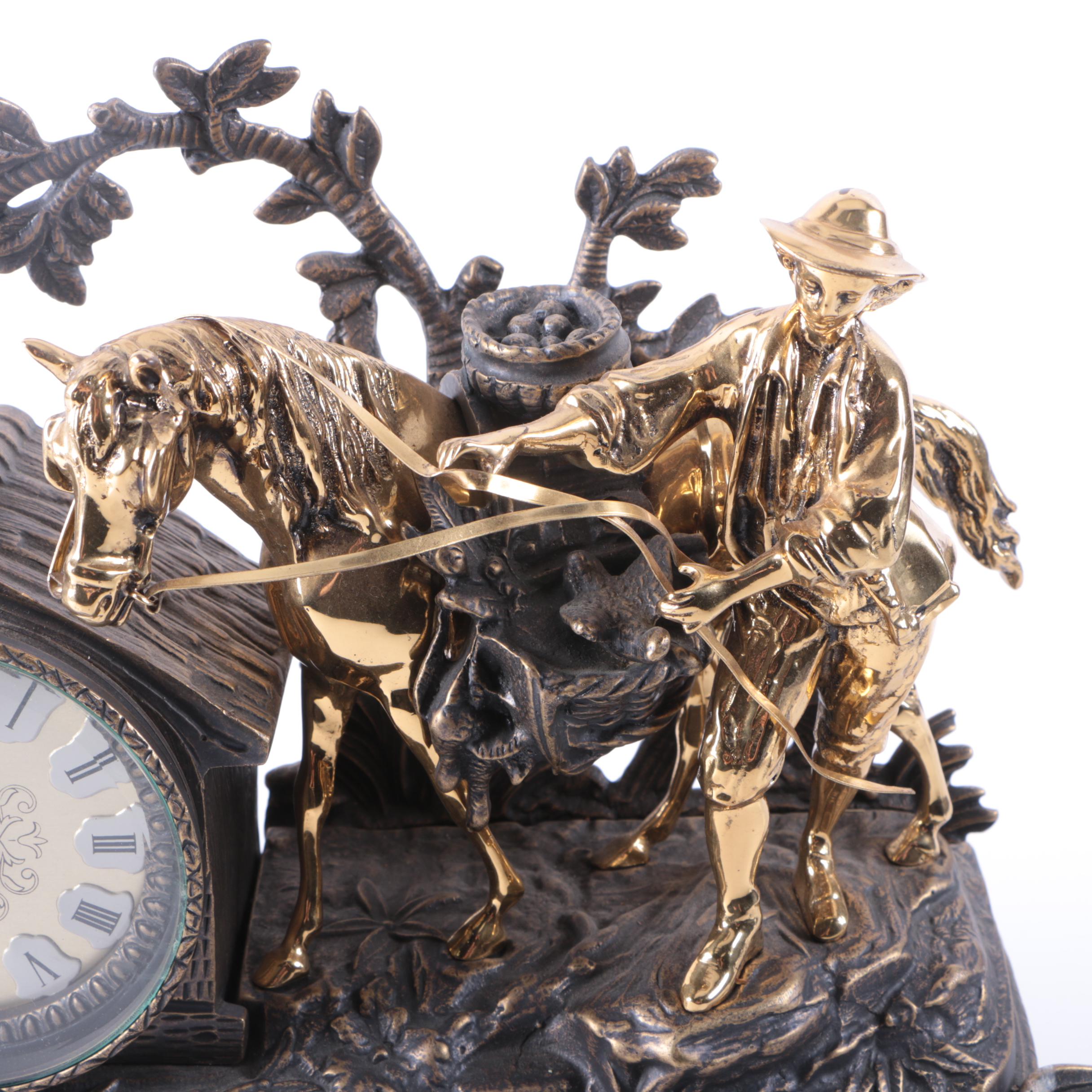 Spelter and Brass Black Forest Figural Quartz Mantel Clock