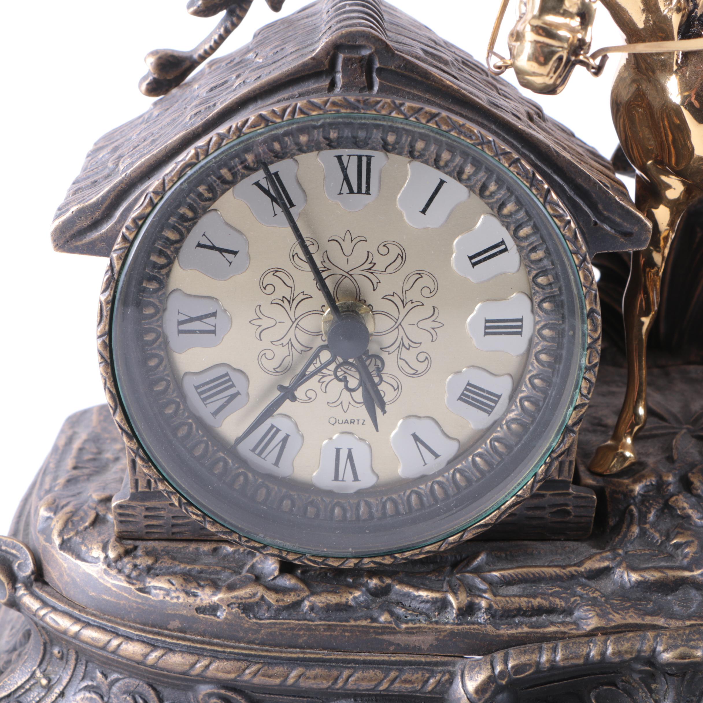 Spelter and Brass Black Forest Figural Quartz Mantel Clock
