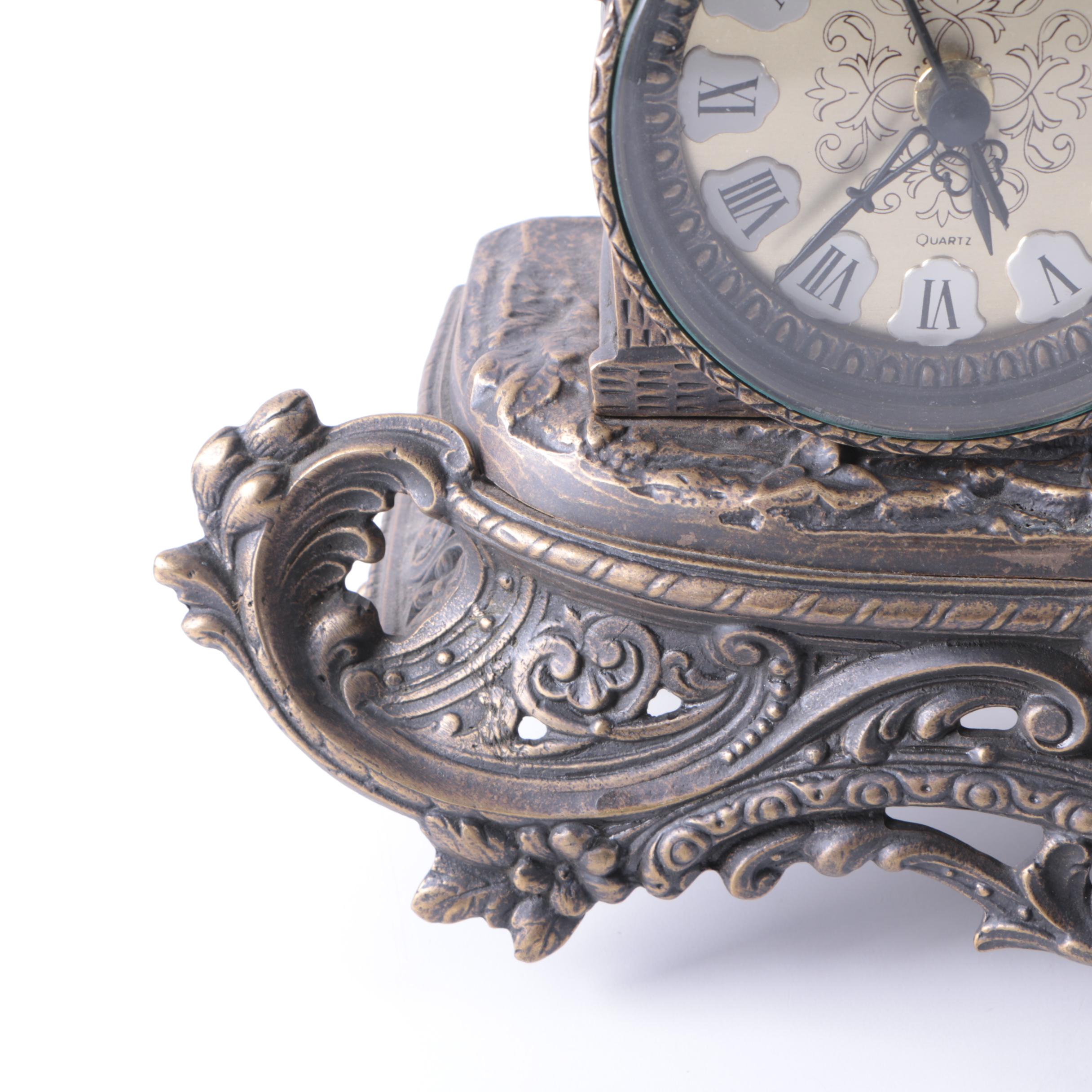 Spelter and Brass Black Forest Figural Quartz Mantel Clock